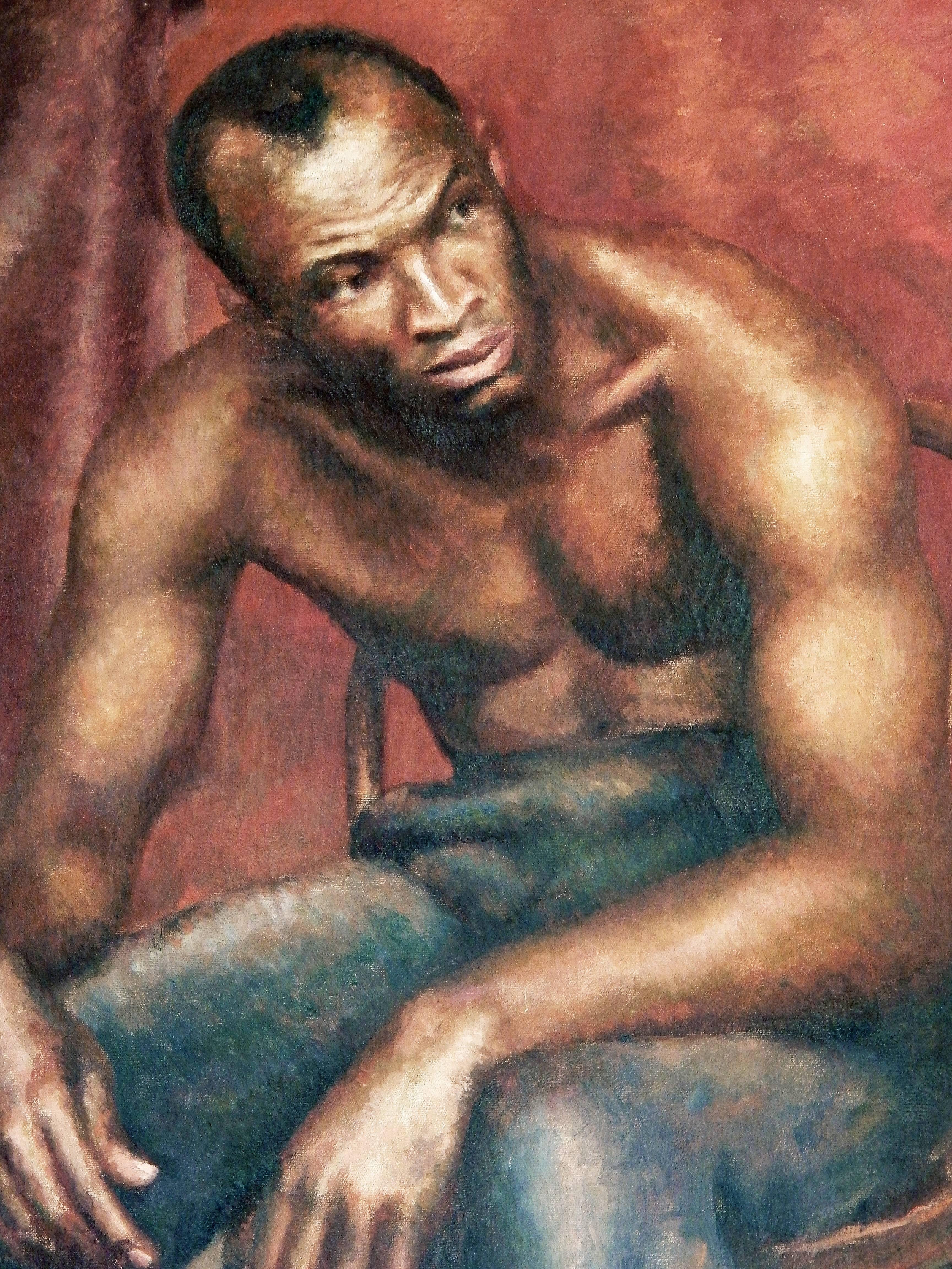 „Sitzender schwarzer Mann“, seltenes und schönes Gemälde im WPA-Stil, Walker Evans zugeschrieben (Art déco) im Angebot