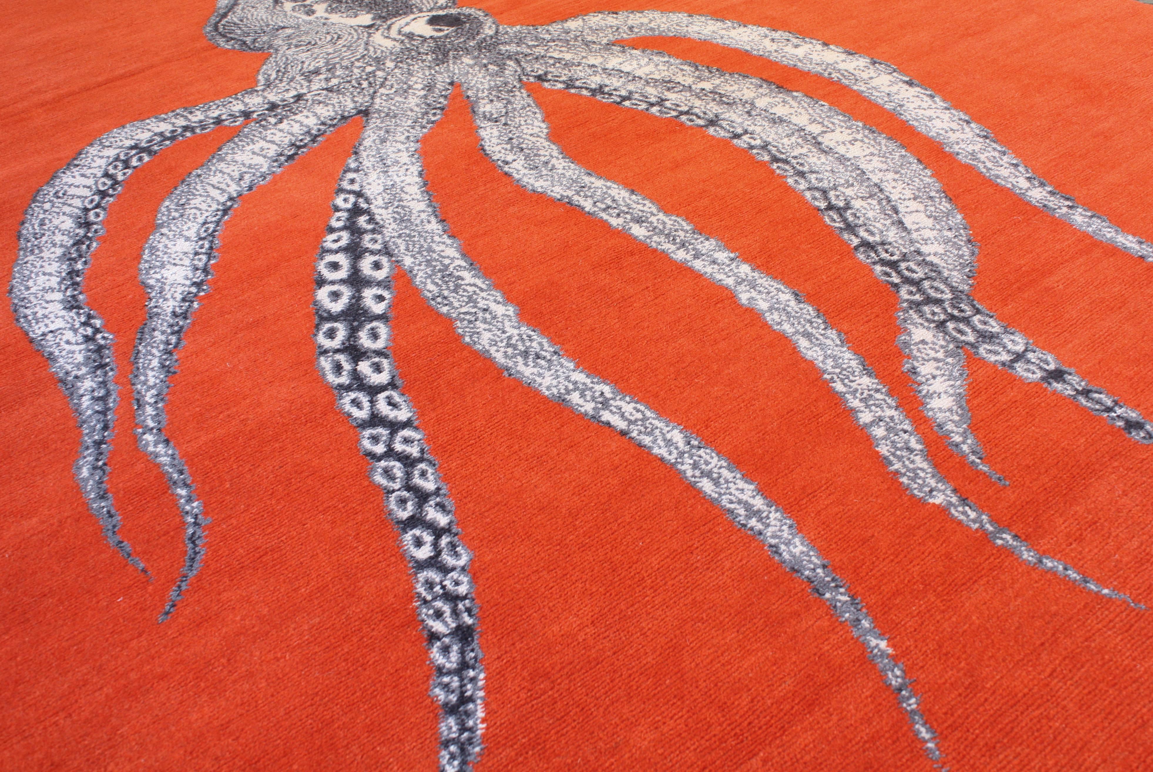 6x9 hand-knotted highland wool and high grade silk rug. 'Inky' is a part of our Graffiti Collaboration. While roaming the streets of NYC Joseph Carini came across a graffiti wall with this octopus design and immediately knew he wanted to create a