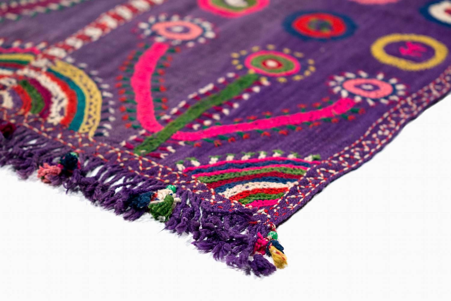 Hand-Woven Vintage Turkish Embroidered Folk Art Textile in Purple, Wall Hanging or Throw For Sale
