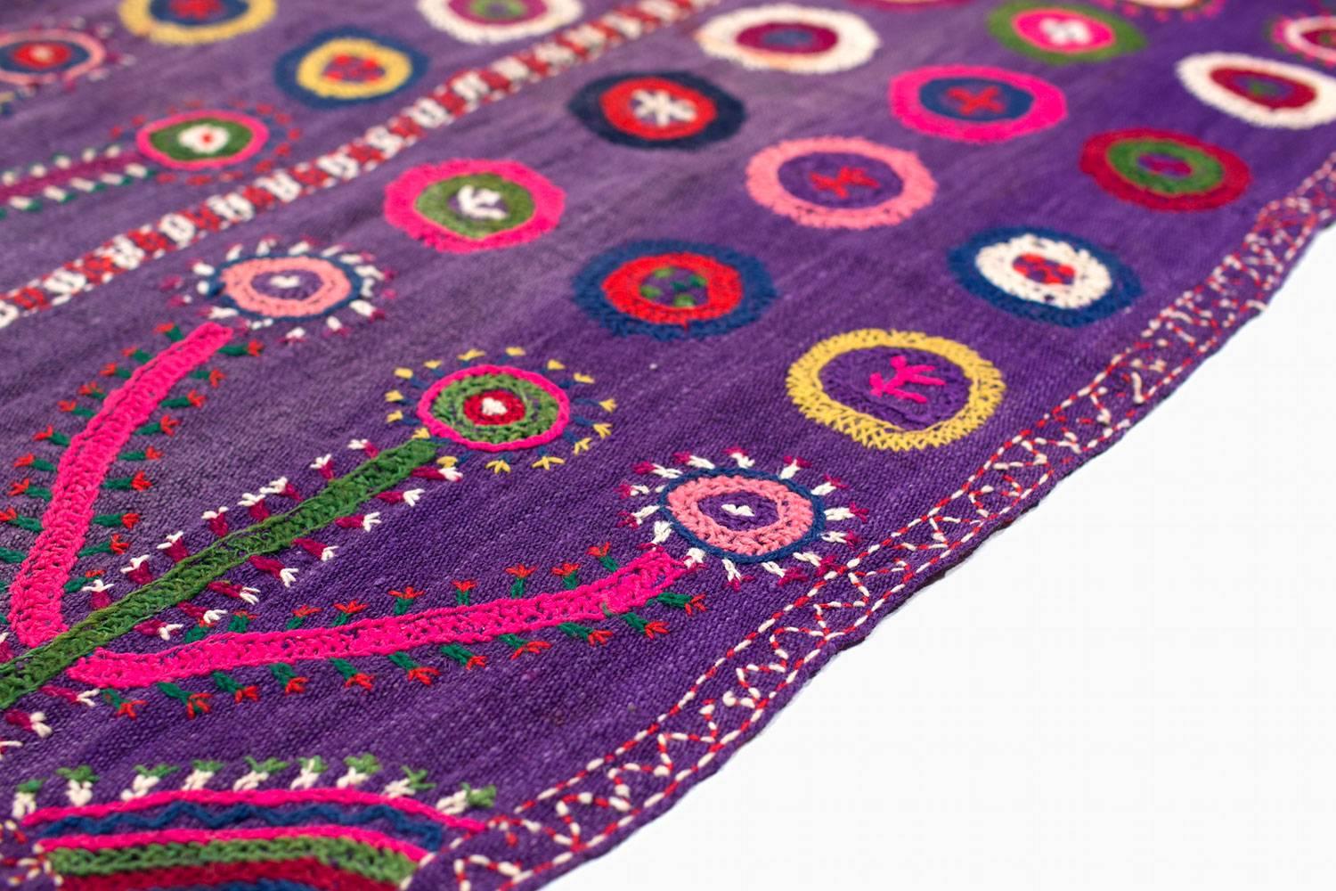 20th Century Vintage Turkish Embroidered Folk Art Textile in Purple, Wall Hanging or Throw For Sale