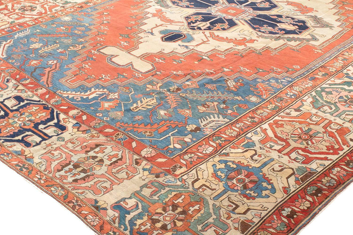 Exceptional blues are a hallmark of antique Bakshaish rugs with hues of azure, turquoise, peacock and teal. The Bakshaish carpets hold a maturity of color obtained by the masterful use of natural dyes. This handwoven carpet is irreproachable.