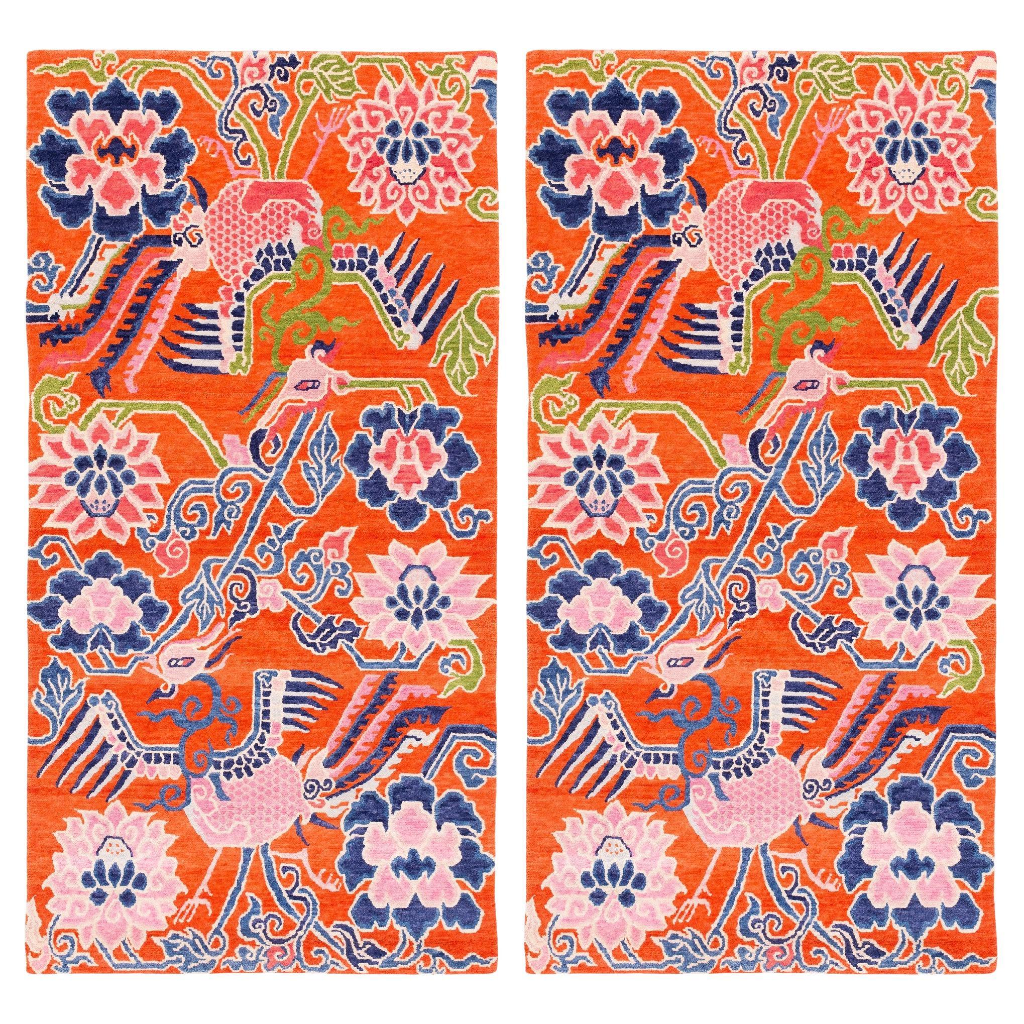 Pareja de Alfombras Tibetanas de Fénix y Accesorio Floral Naranja de Joseph Carini