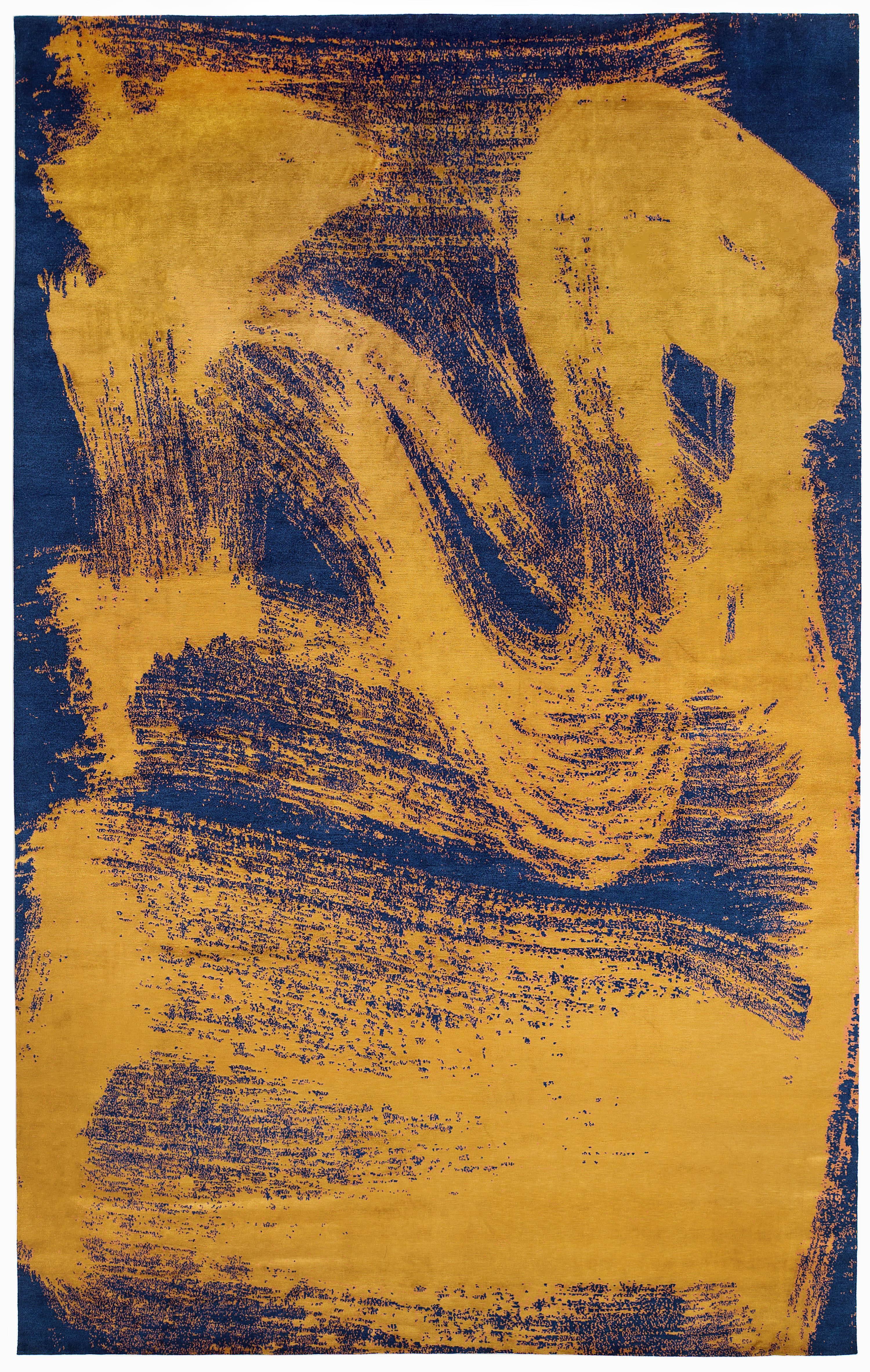 'Chloe', Zen Inspired Contemporary Indigo and Gold Silk Area Rug In Excellent Condition In New York, NY