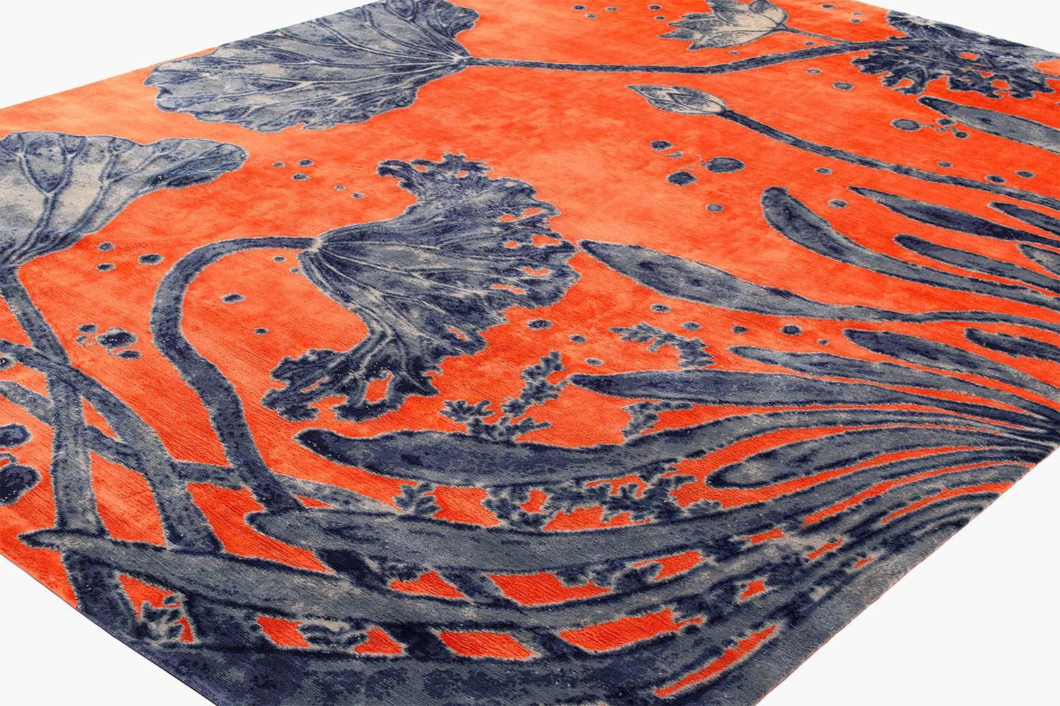 Organic Modern Orange and Indigo 'Water Flowers' Area Rug in Silk and Wool