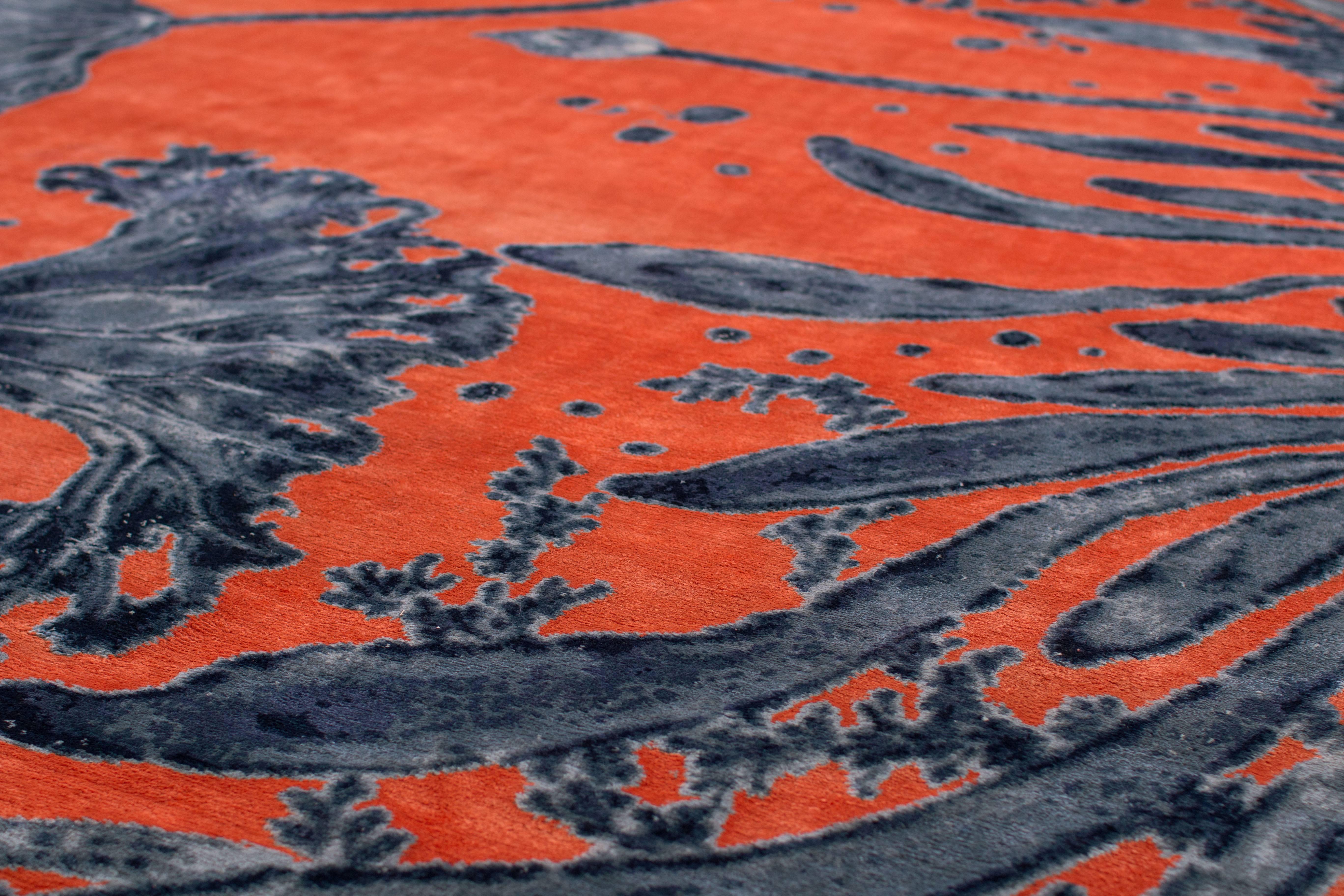 Japanese Orange and Indigo 'Water Flowers' Area Rug in Silk and Wool