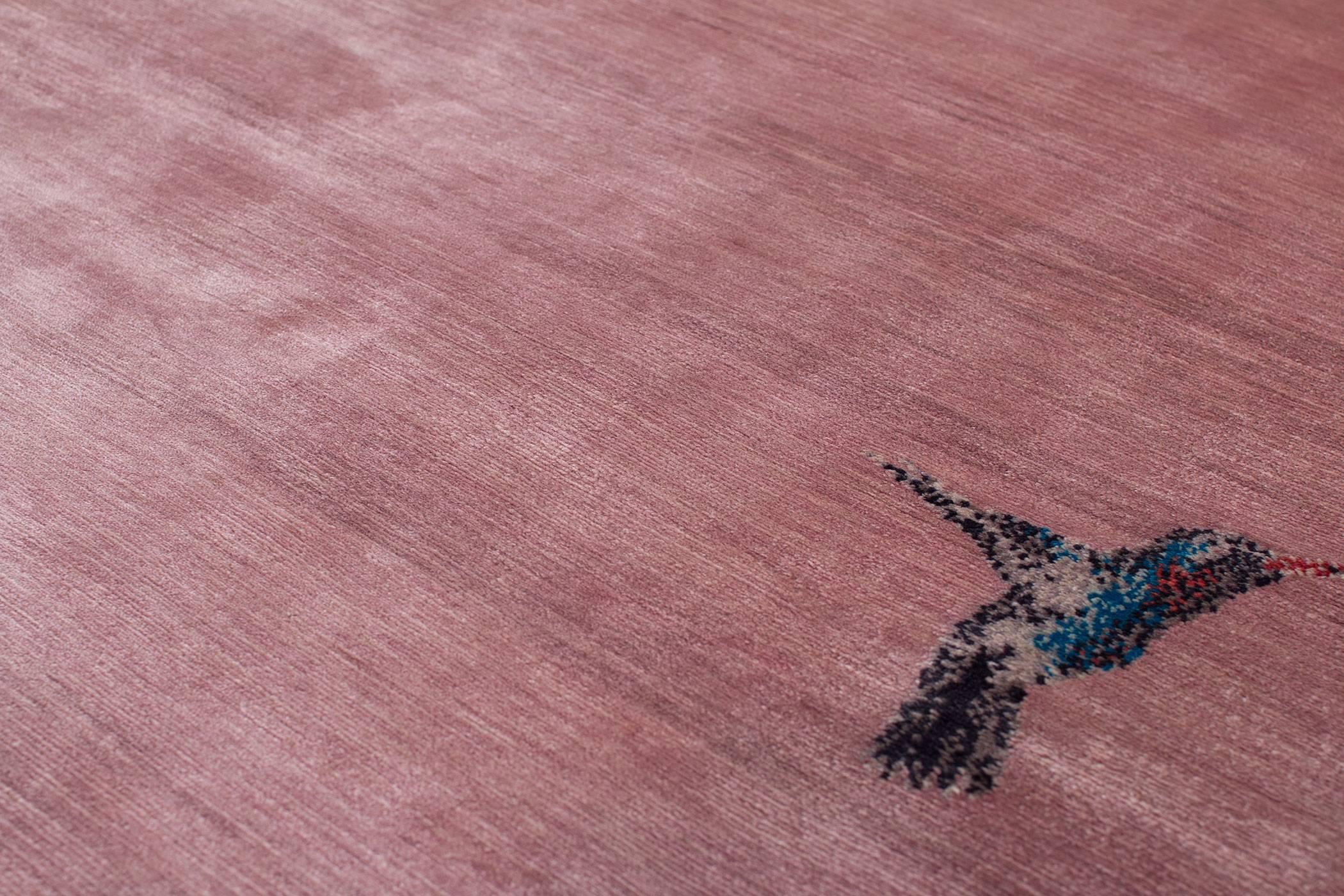 Nepalese Powder Pink Silk Area Rug with Hummingbird Detail