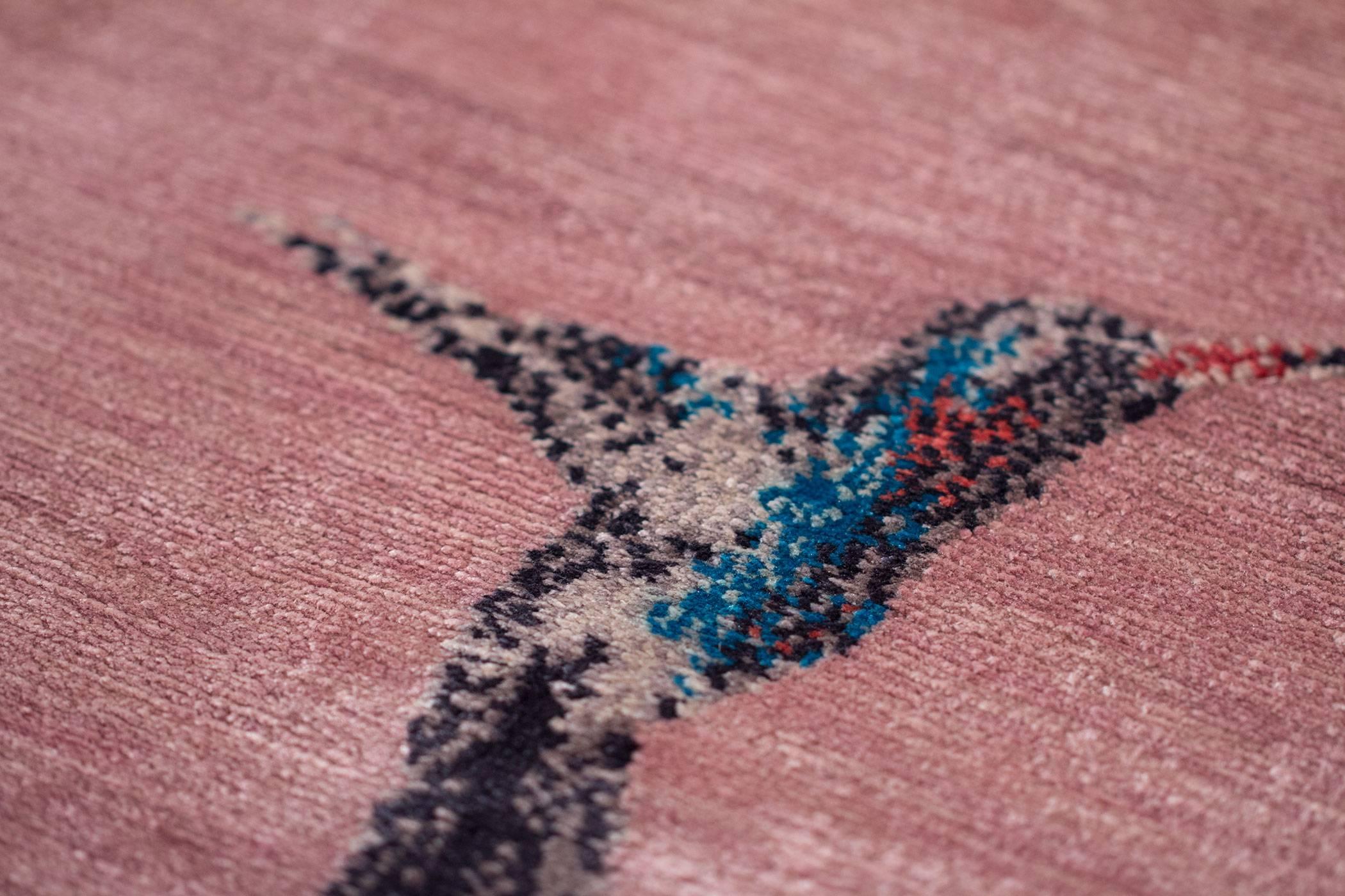 Contemporary Powder Pink Silk Area Rug with Hummingbird Detail