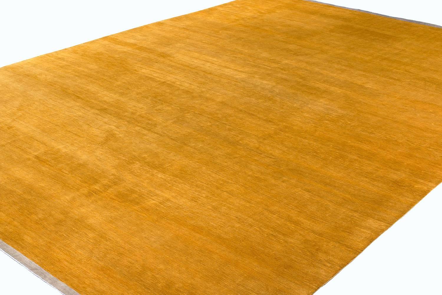 Modern Gold Solid Silk Area Rug with End Panels