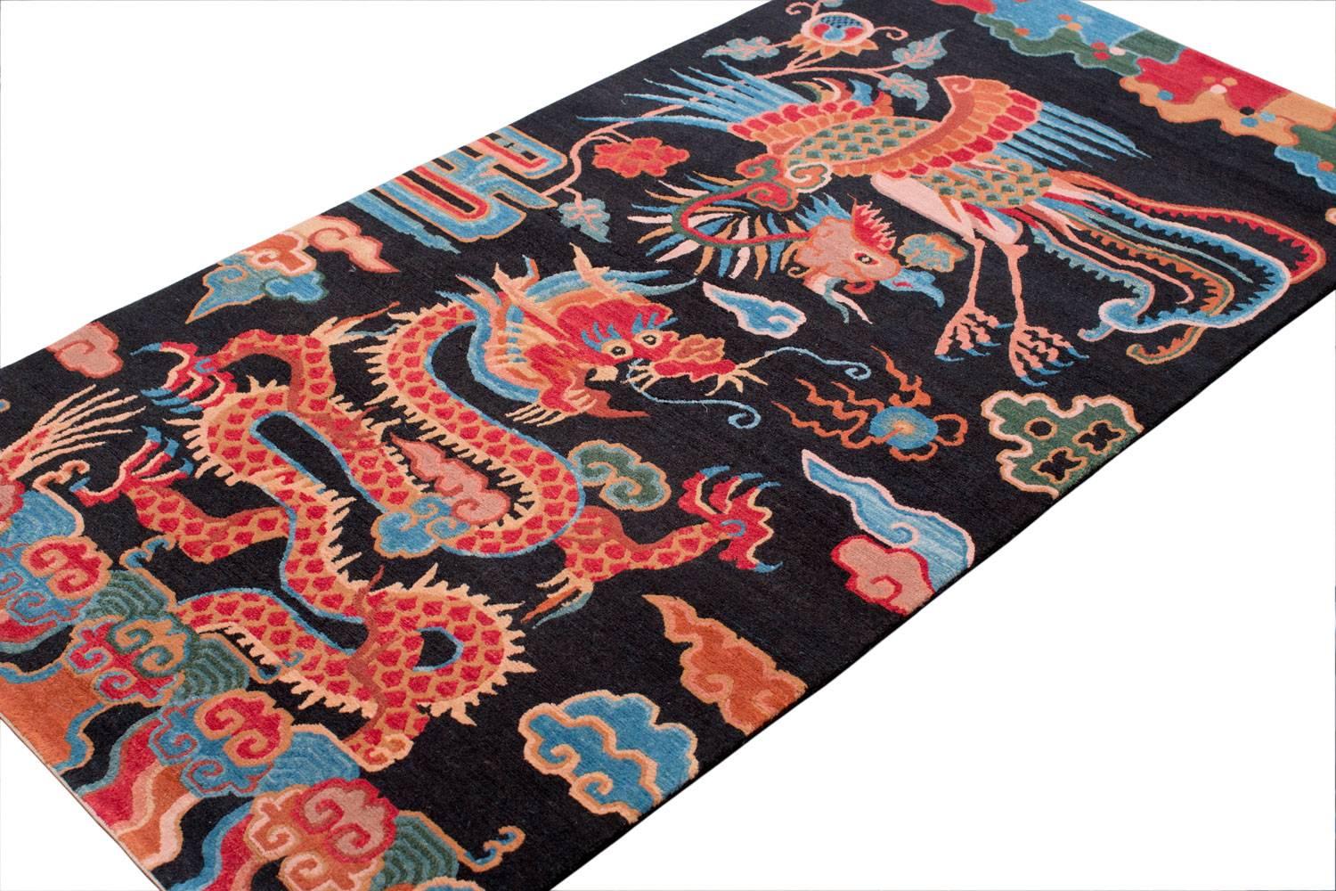 This showstopper carpet is an original design by Joseph Carini. Inspired by his deep love for the arts and culture in China, this design was originally titled 'Chinese New Year). This 3 feet by 6 feet carpet has an oriental motif of dragons and