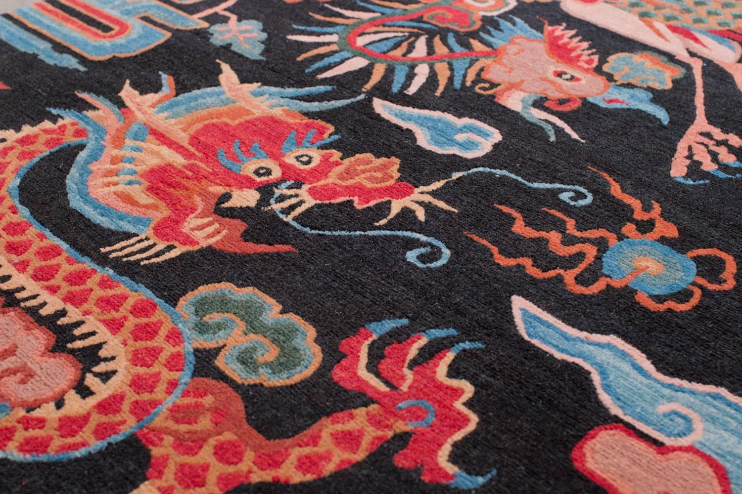 Modern Black and Red Chinese Dragon and Phoenix Wool Rug