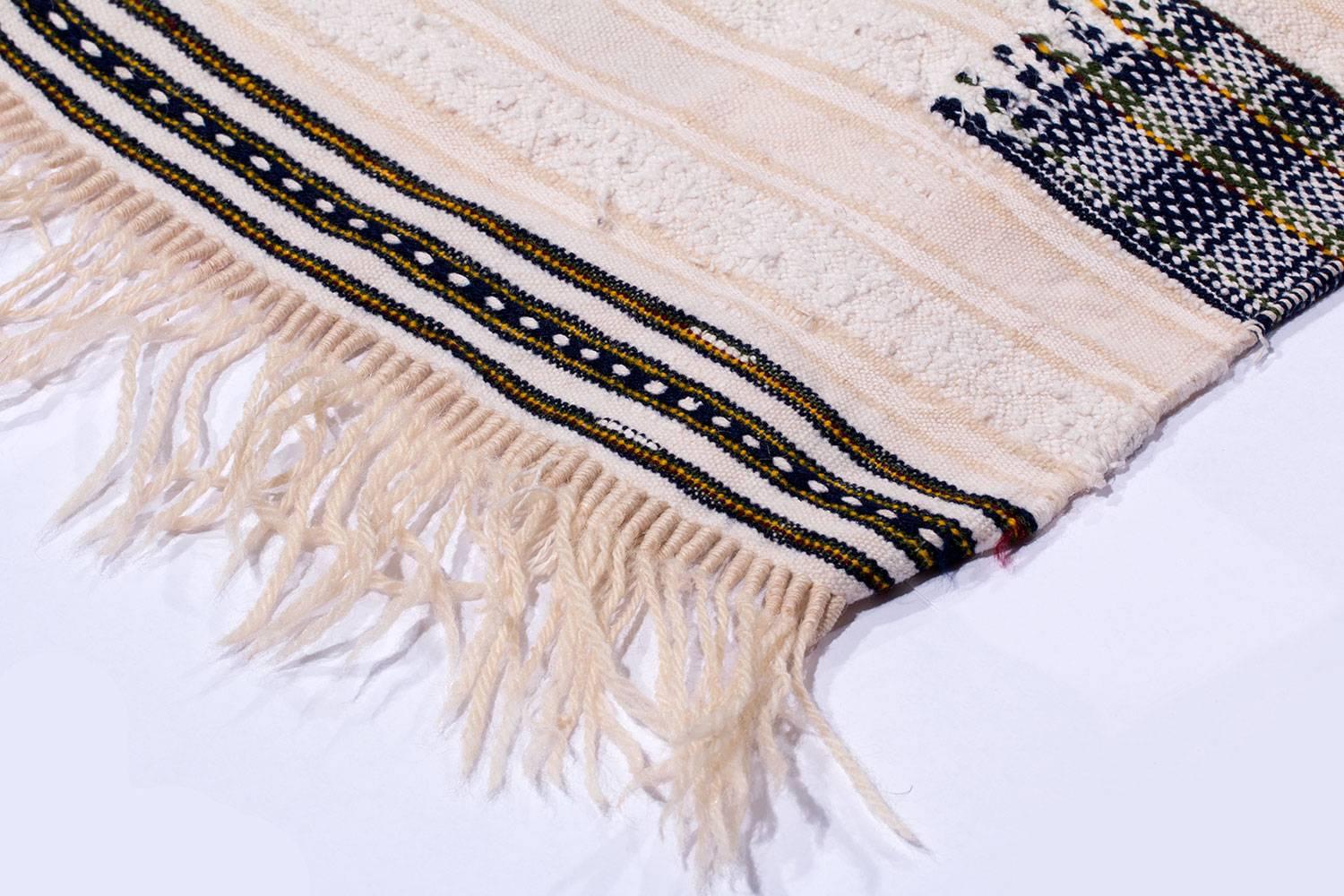 Contemporary Unique African Textile White and Indigo Cotton with Pom Noms