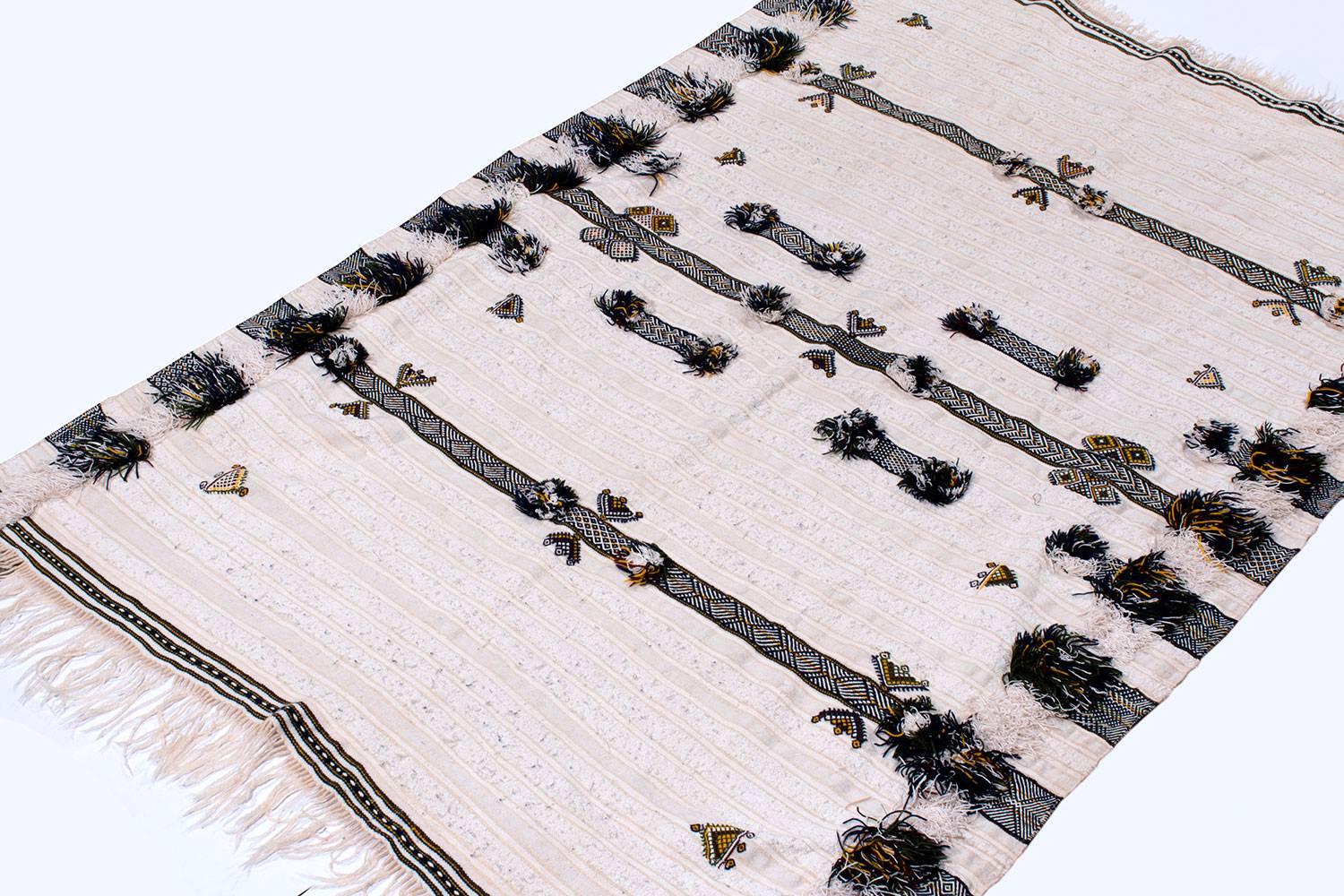 Unique African Textile White and Indigo Cotton with Pom Noms 1