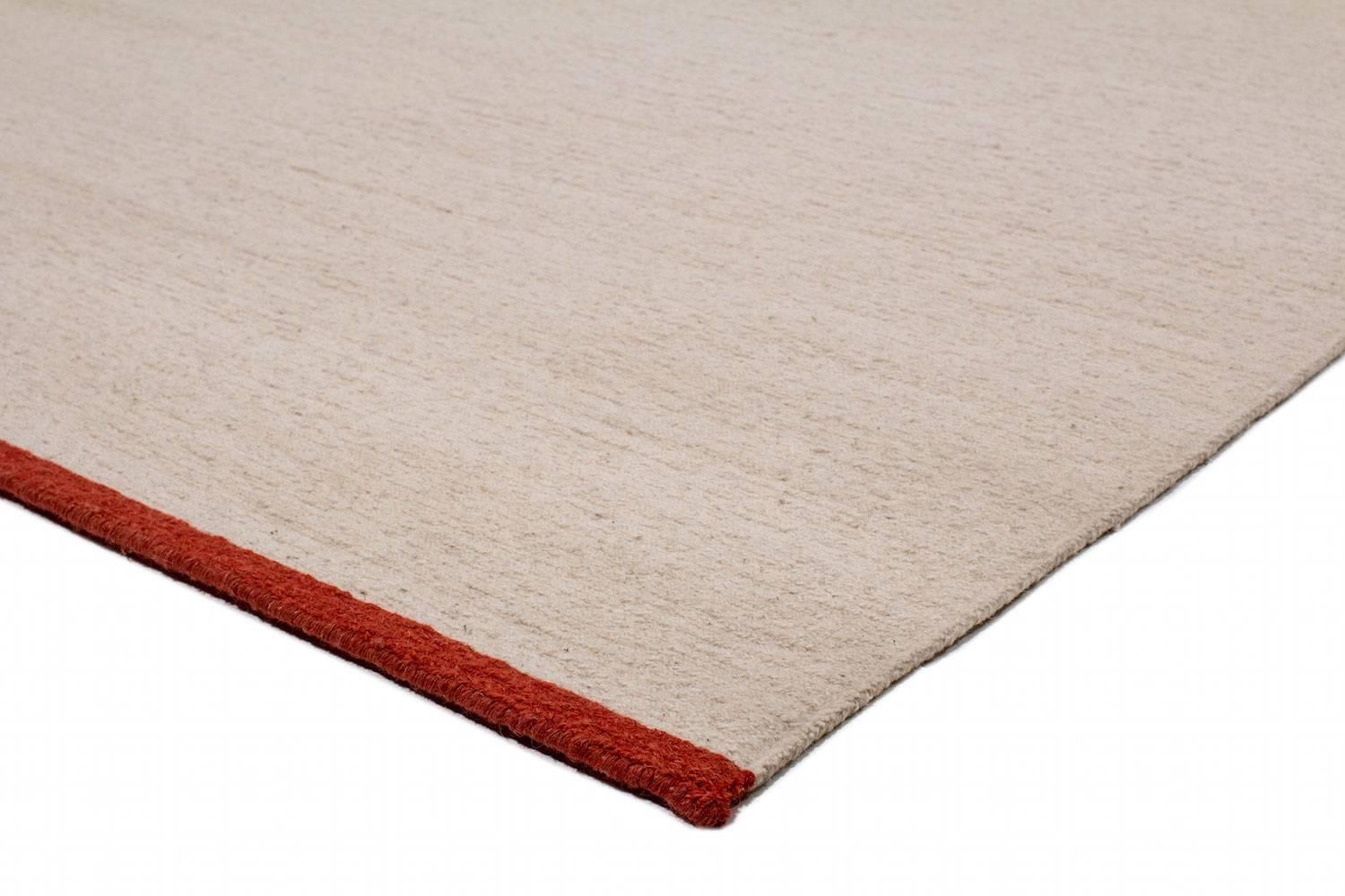 Organic Modern Natural White Wool Rug with Red Accent Stripe
