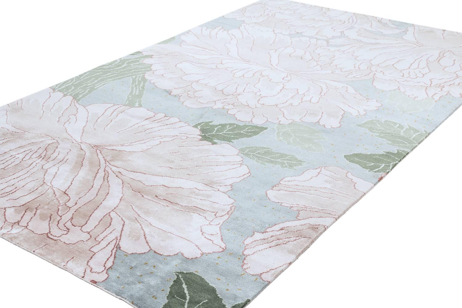 Organic Modern Classic Silk Floral Rug in Silver, Blue and Green by Joseph Carini - 'Mums'