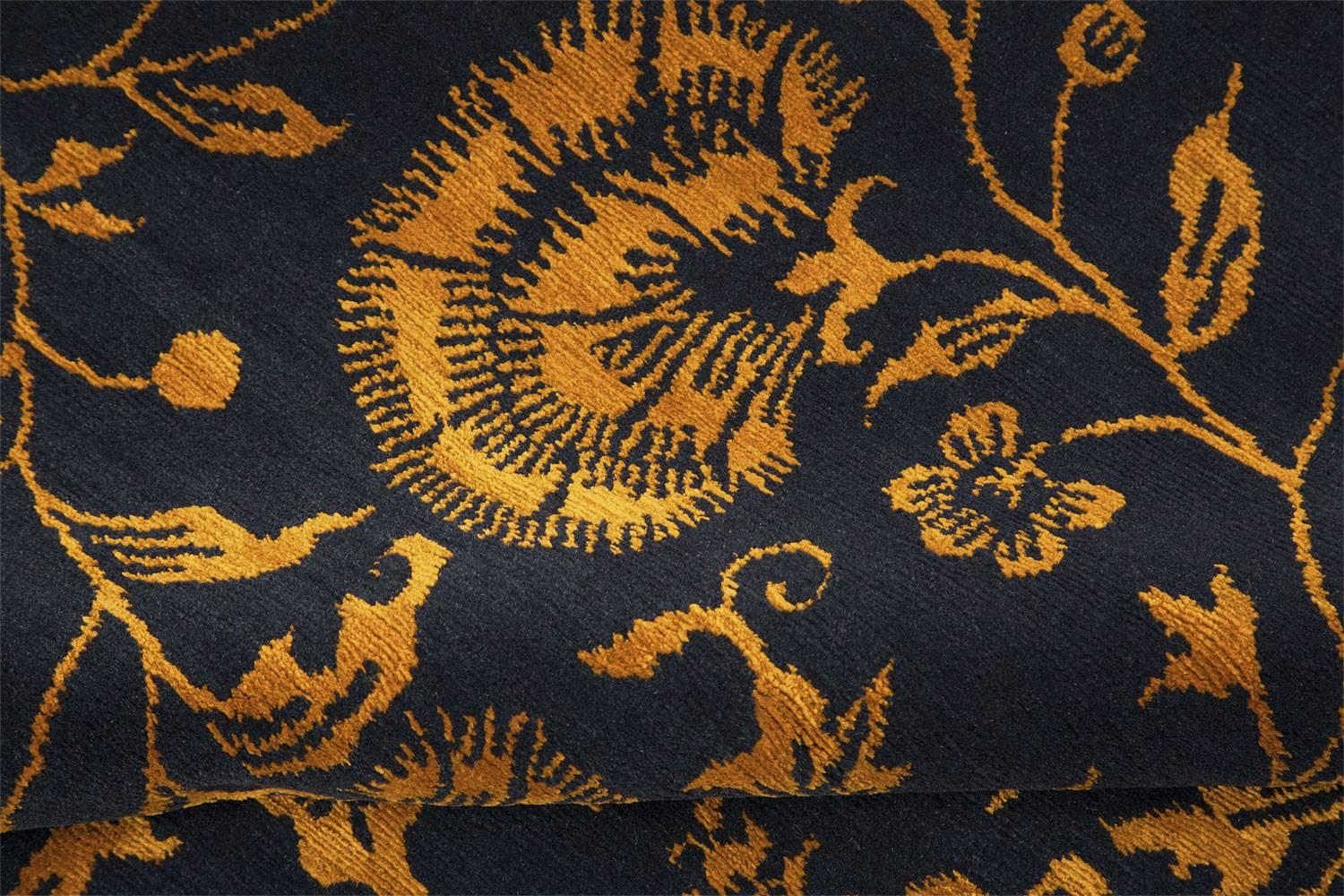 Organic Modern Tibetan Wool And Silk Rug, Deep Indigo Blue and Gold 6x9
