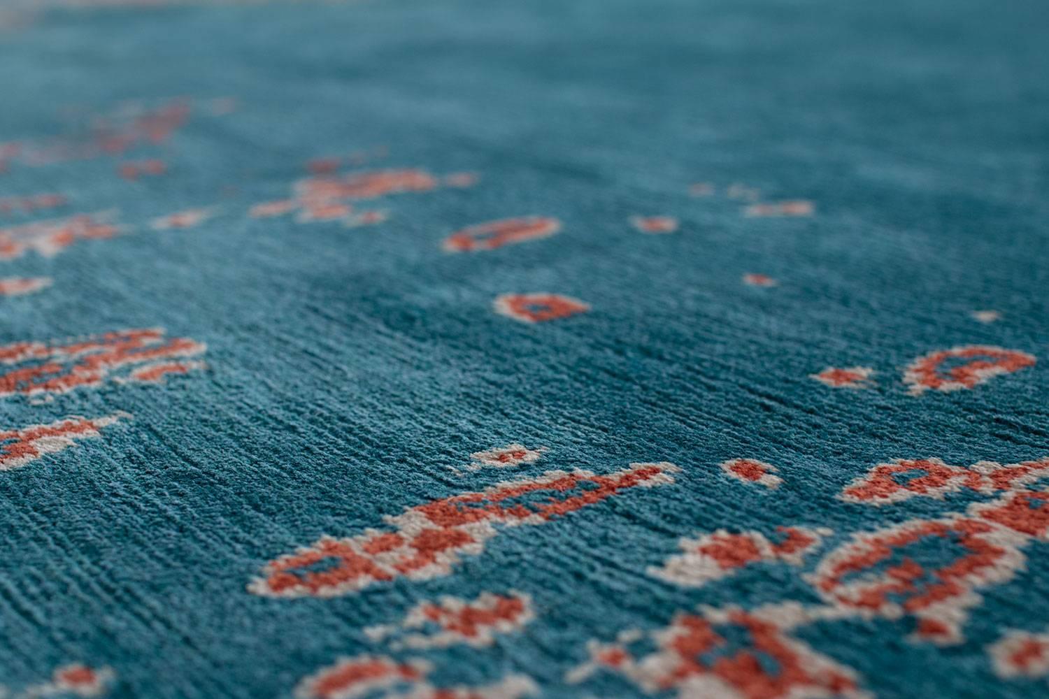 Nepalese Aqua Blue Silk Area Rug with Organic Design by Carini  9x13