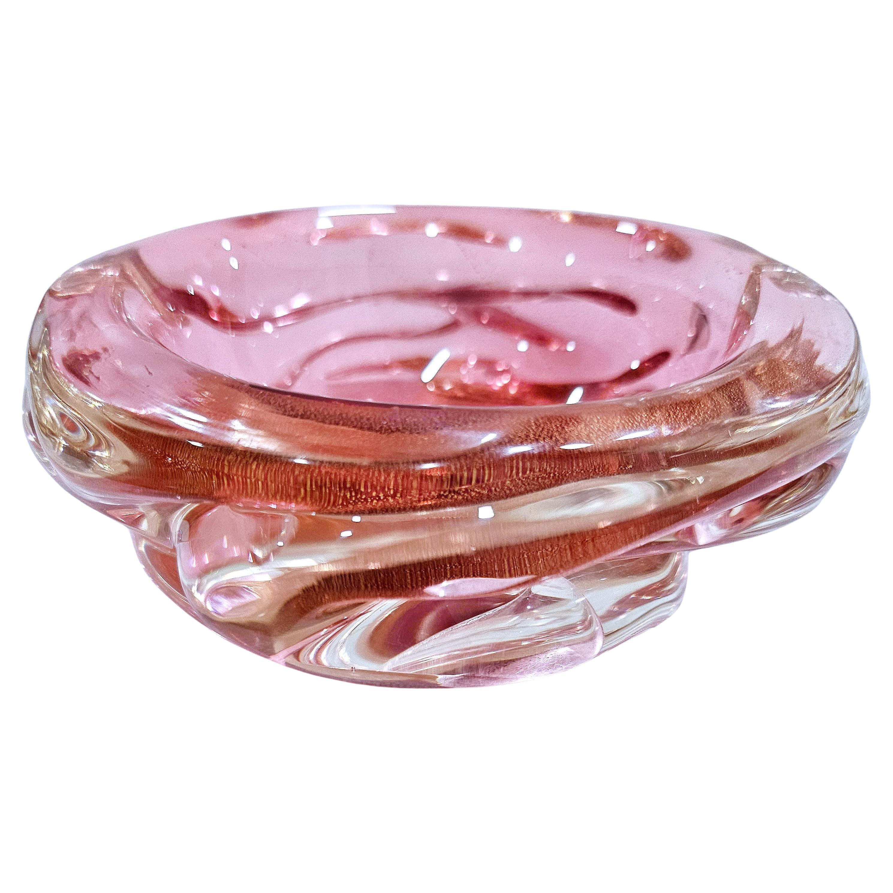 Archimede Seguso Murano Glass Bowl, A Bugne, Transparent Red with Gold Polveri