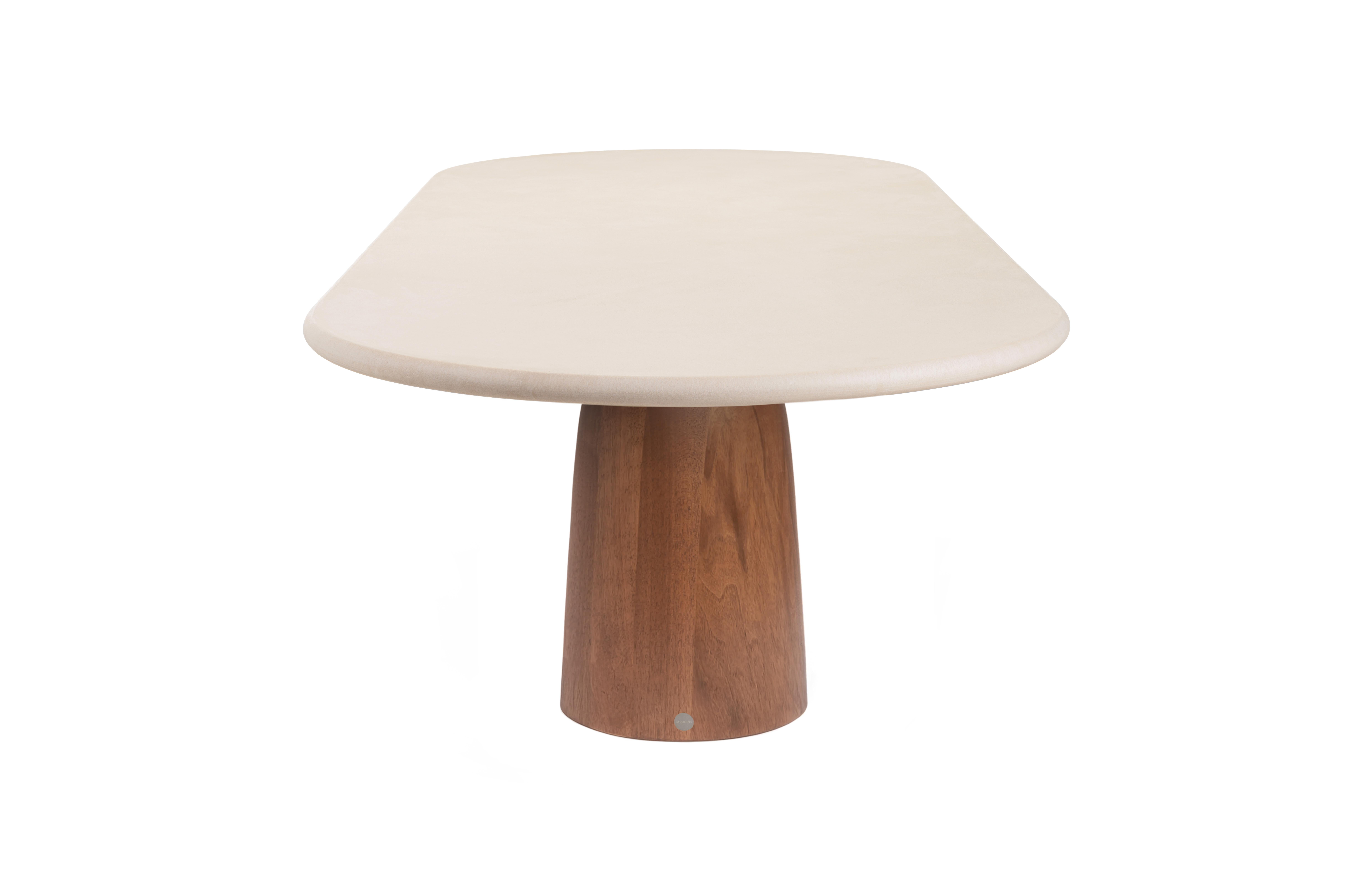 Contemporary Belgian design. Handmade natural plaster table top with a textured and earthy character and solid American Walnut wooden base. Indoor use 

Inspired by the menhir shape; An upright, elongated stone placed by prehistoric people in Celtic