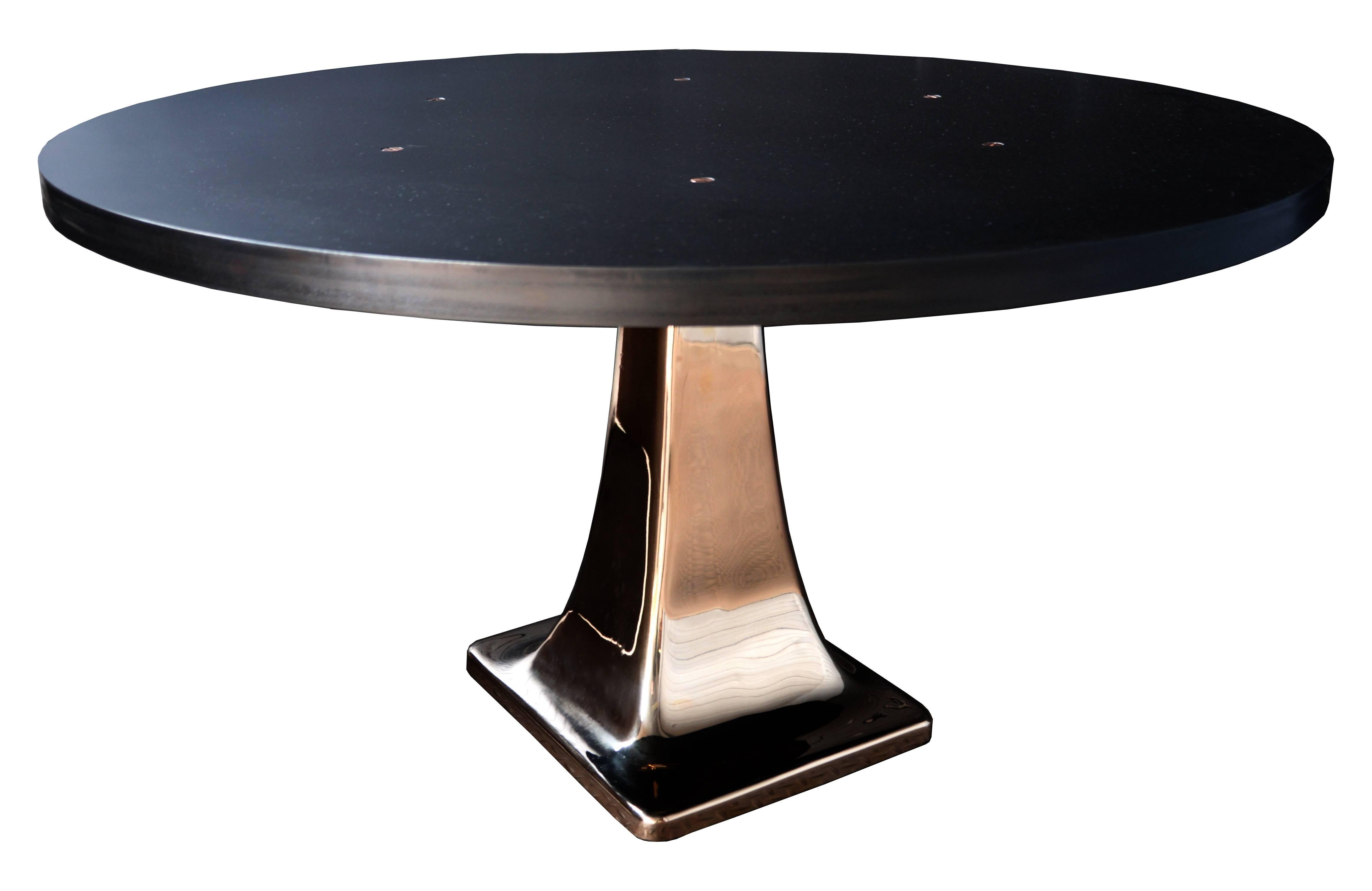 Industrial Cast Bronze Pedestal Steel Top Dining Table For Sale