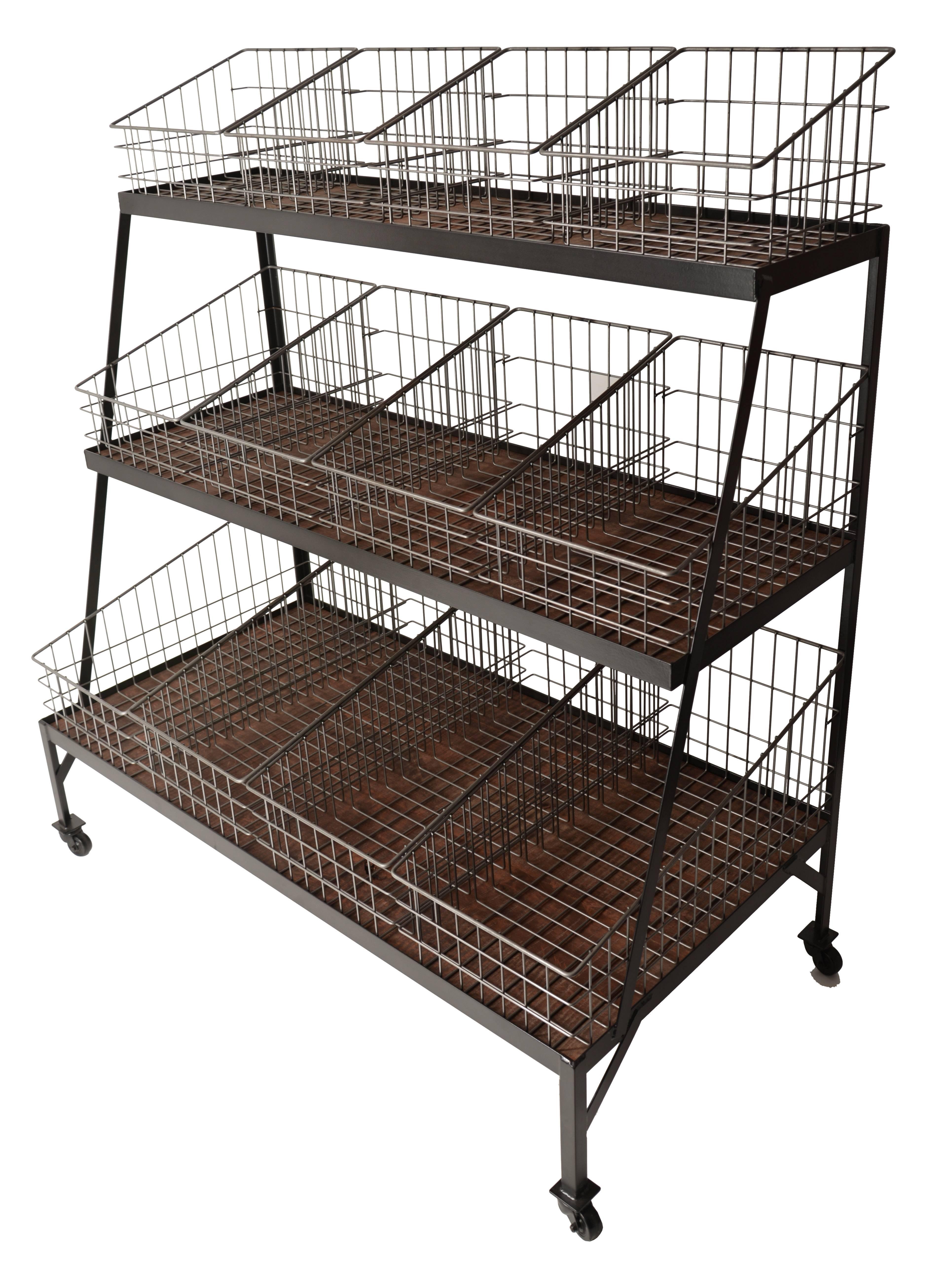 Three-tiered steel frame on steel casters. Each level contains four removable wire-framed baskets on a wooden shelf. This piece was inspired by an original mercantile display unit found in Nashville, Tennessee that dates from the 1920s. Please