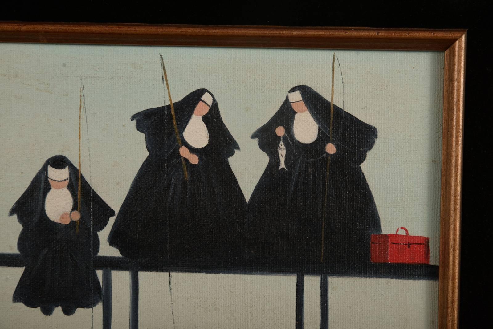 Small framed acrylic on canvas painting of four nuns fishing. This piece is signed by the artist Patti Rock.