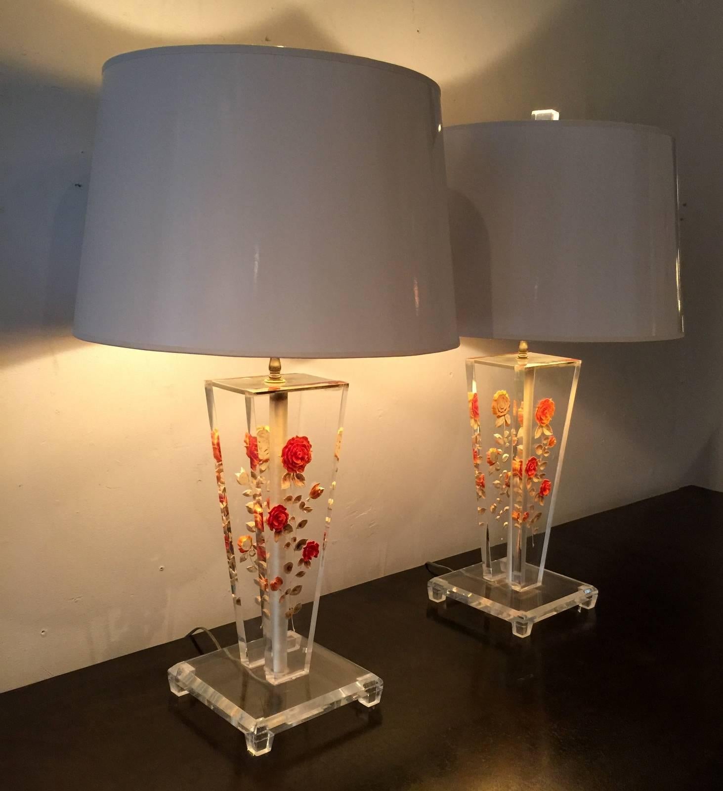 Mid-20th Century Floral Lucite Lamps