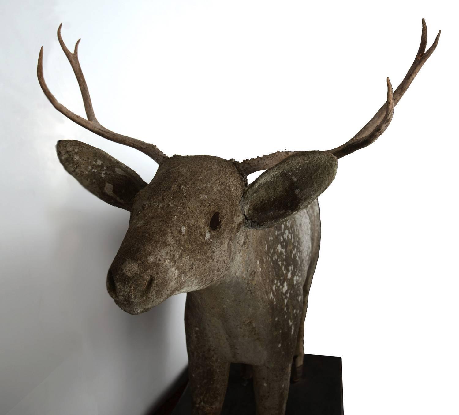 19th Century Early Century Lifesize Concrete Deer on a Rolling Steel Platform For Sale