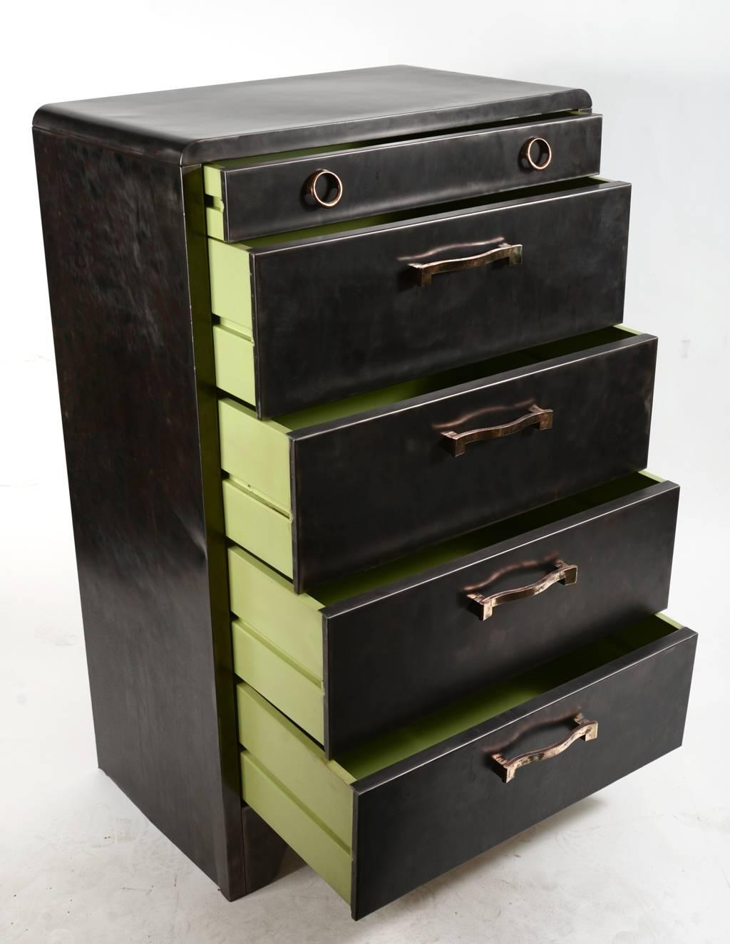 Polished Steel Five-Drawer Dresser with Cast Brass Hardware In Excellent Condition In Seattle, WA