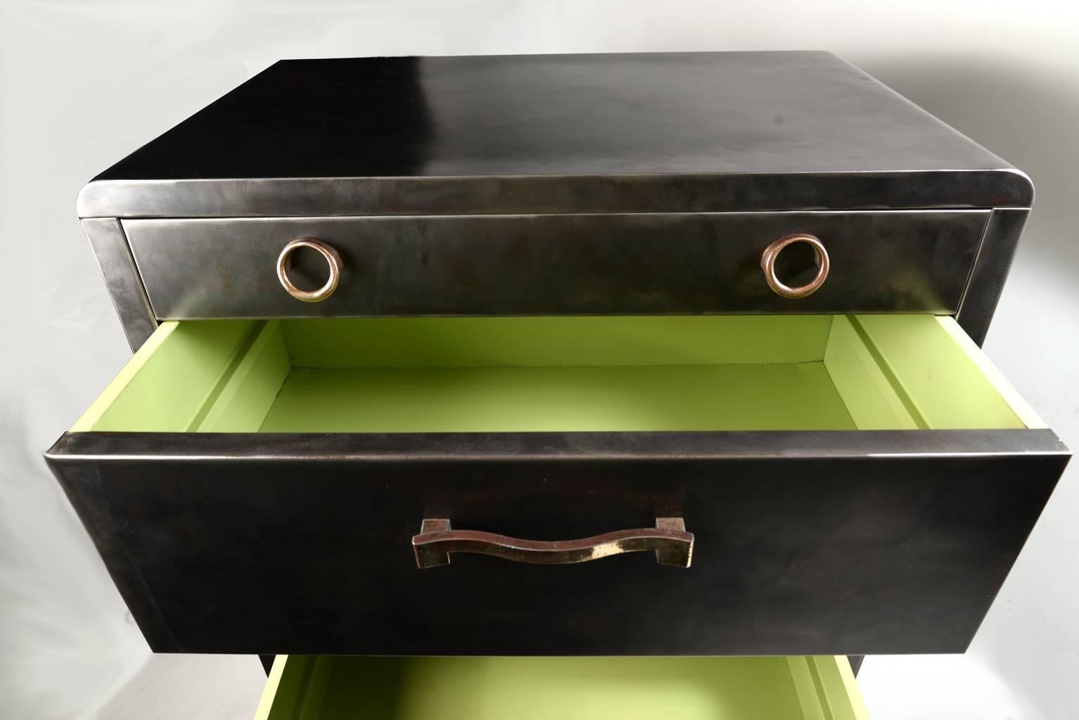 Mid-20th Century Polished Steel Five-Drawer Dresser with Cast Brass Hardware