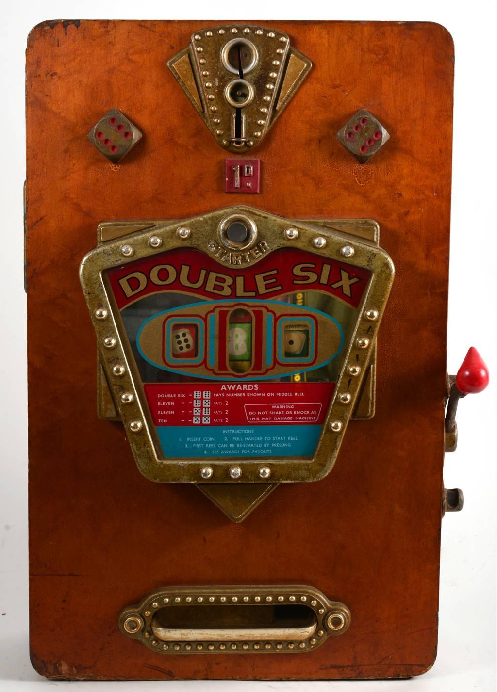 Wooden wall-mounted slot machine.