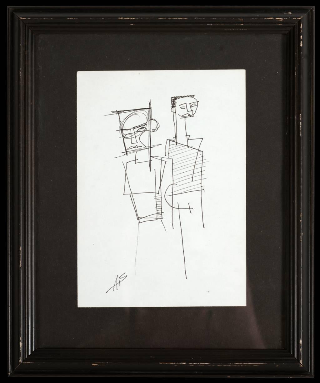 Collection of framed pen and ink line drawings by unknown Massachusetts artist framed in wooden black frames. Four of the drawings are 9.5