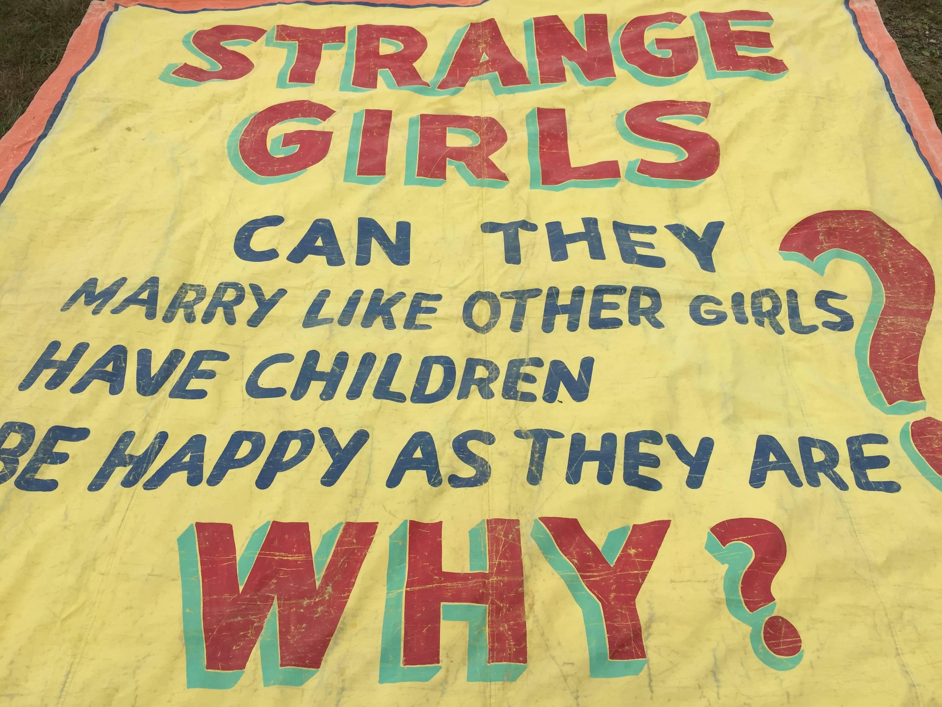 Mid-20th Century Vintage Hand-Painted Canvas All-Girl Freak Show Banner