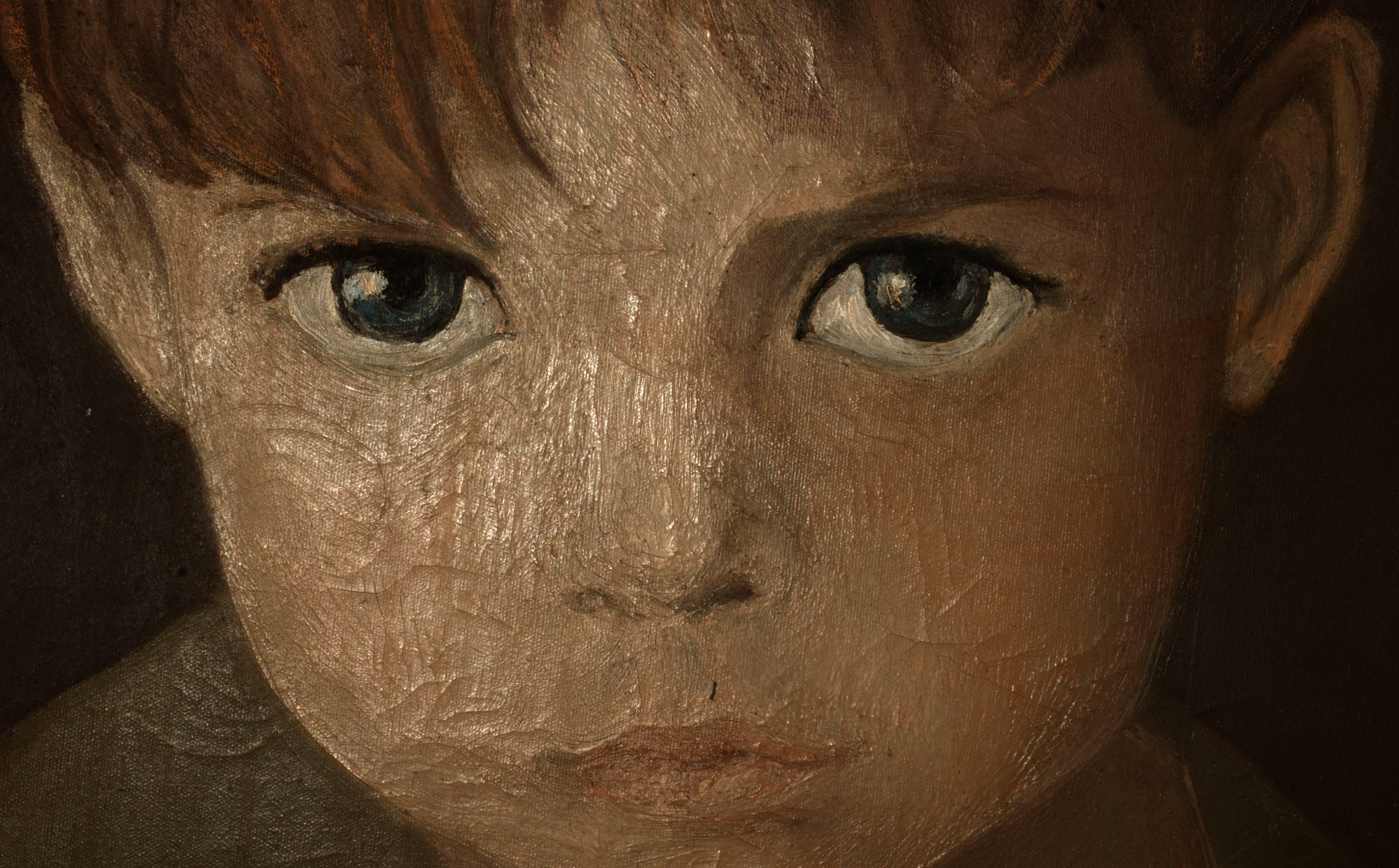 Framed unsigned oil on canvas painting of a young boy with exaggerated eyes.
