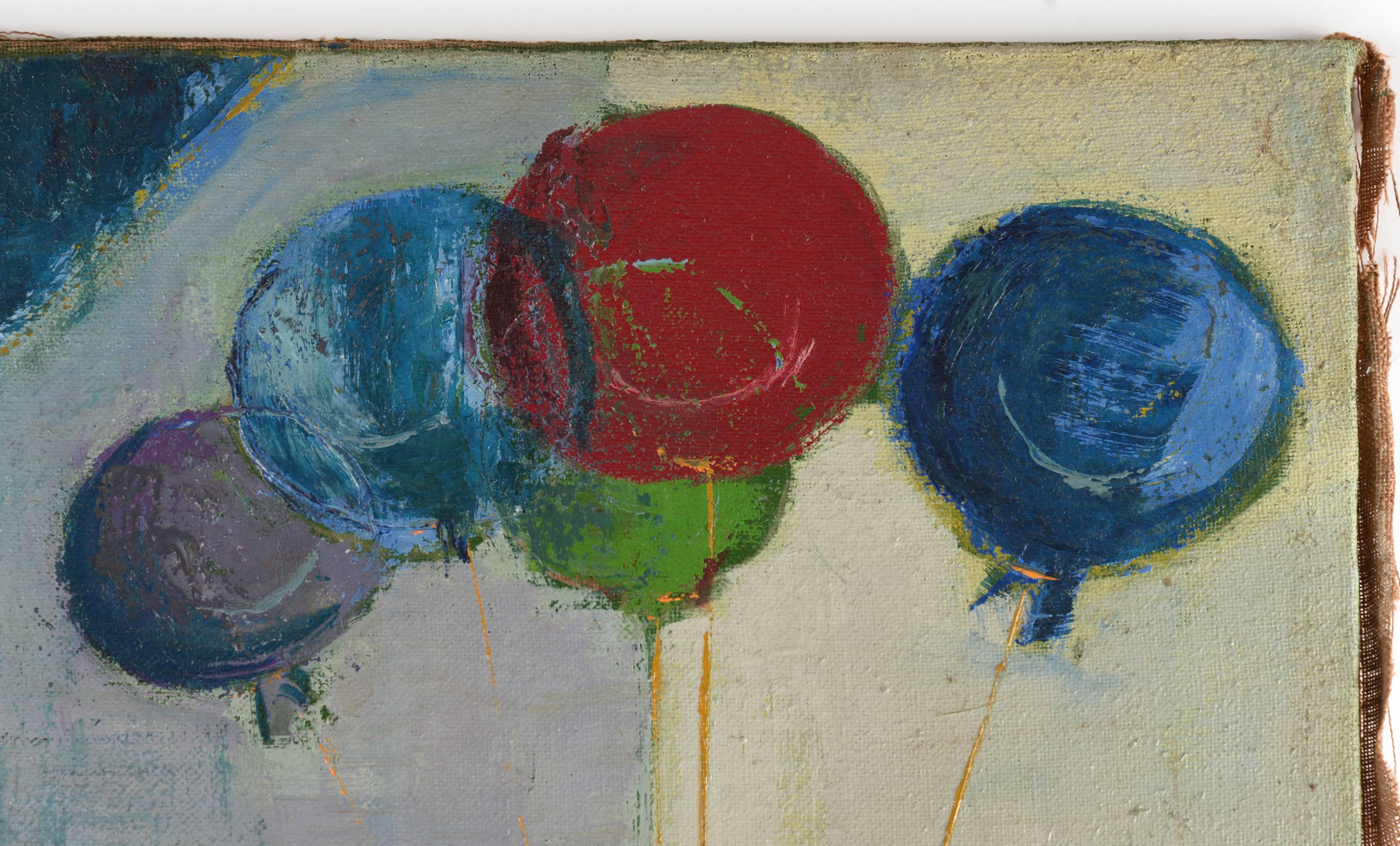 Oil on canvas modernist painting of an old man selling balloons.
 