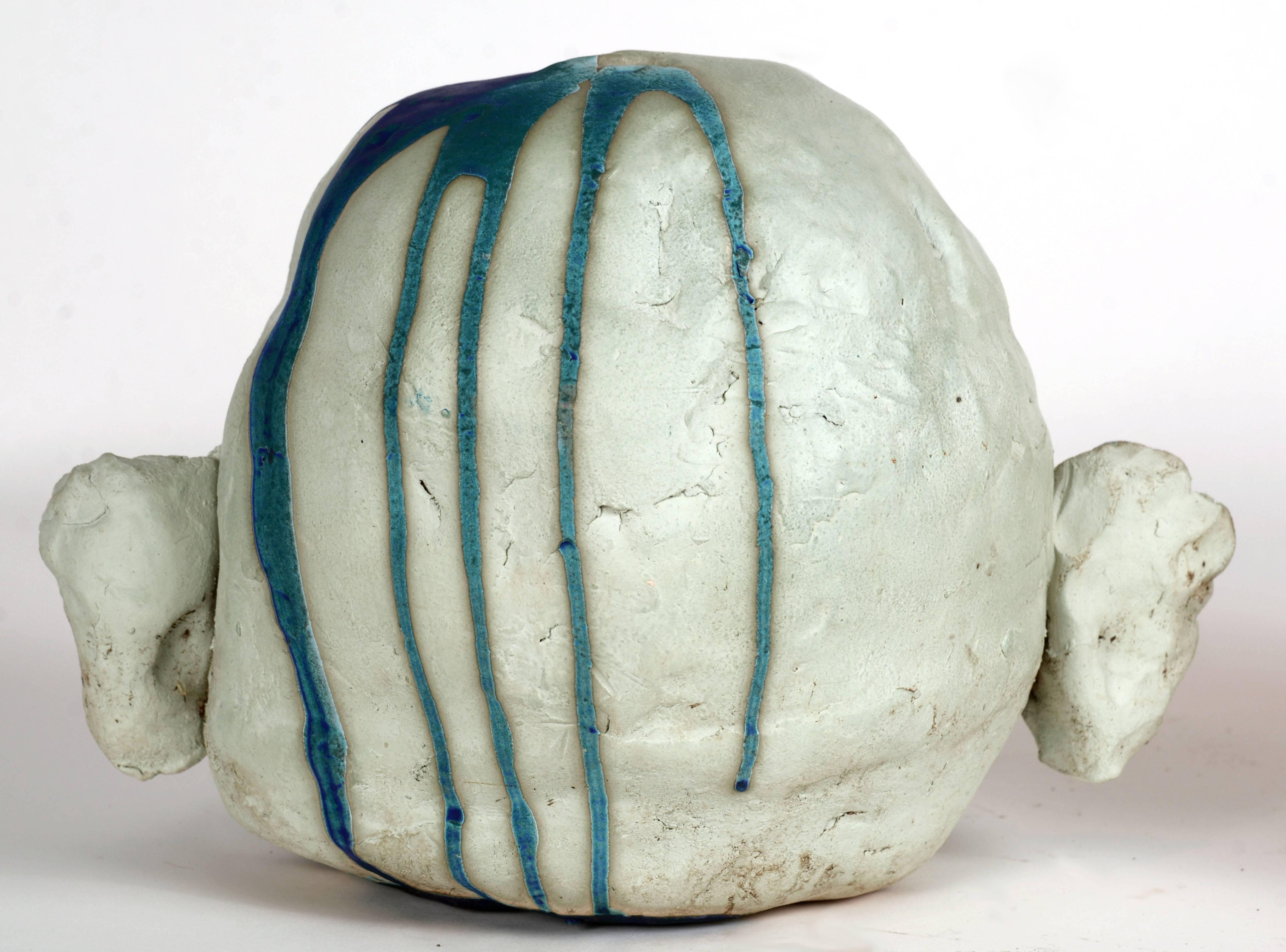 Glazed Large Ceramic Alien Head in Blue Tones For Sale