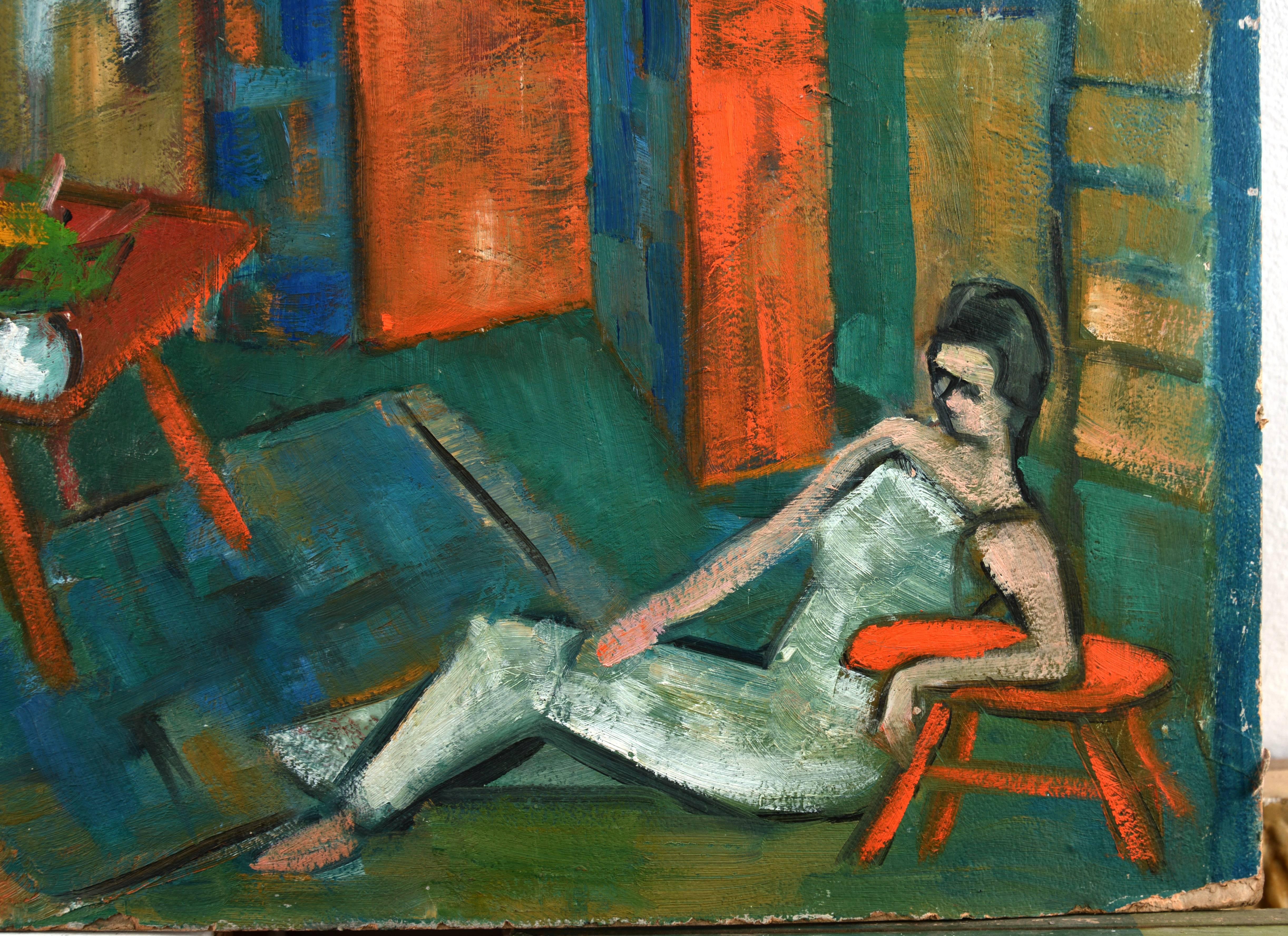 Modernist acrylic on board painting in orange blue and green tones of a woman lounging in her bedroom while her laundry drying. This piece is unsigned.