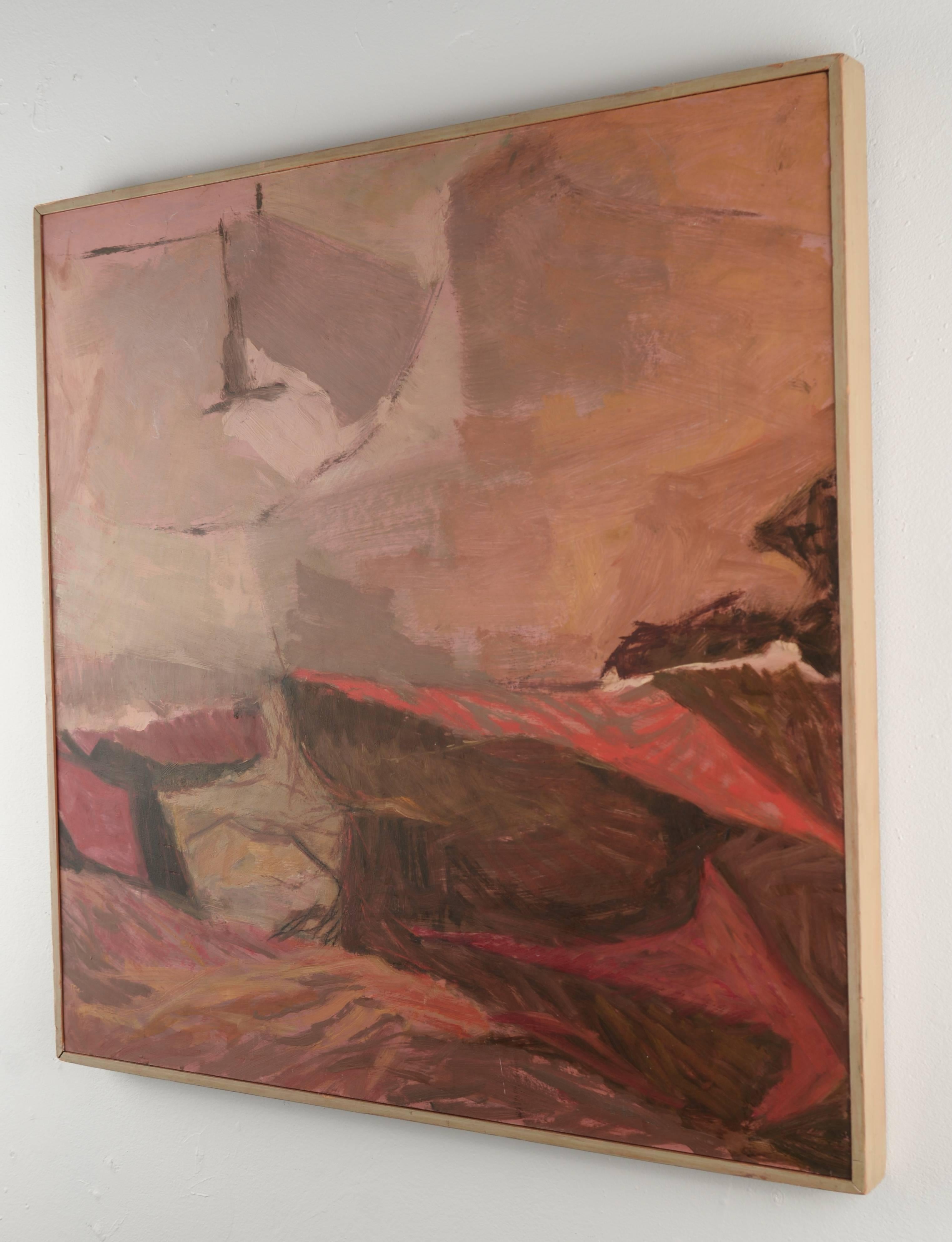 Framed modernist acrylic painting on Masonite in orange and brown tones entitled Rim rock. The artist is R Sterling.