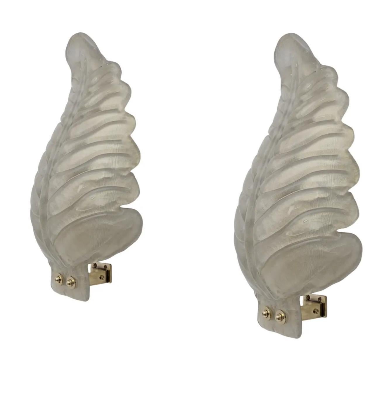 Italian Pair Of Large Murano Blown Leaf Sconces For Sale