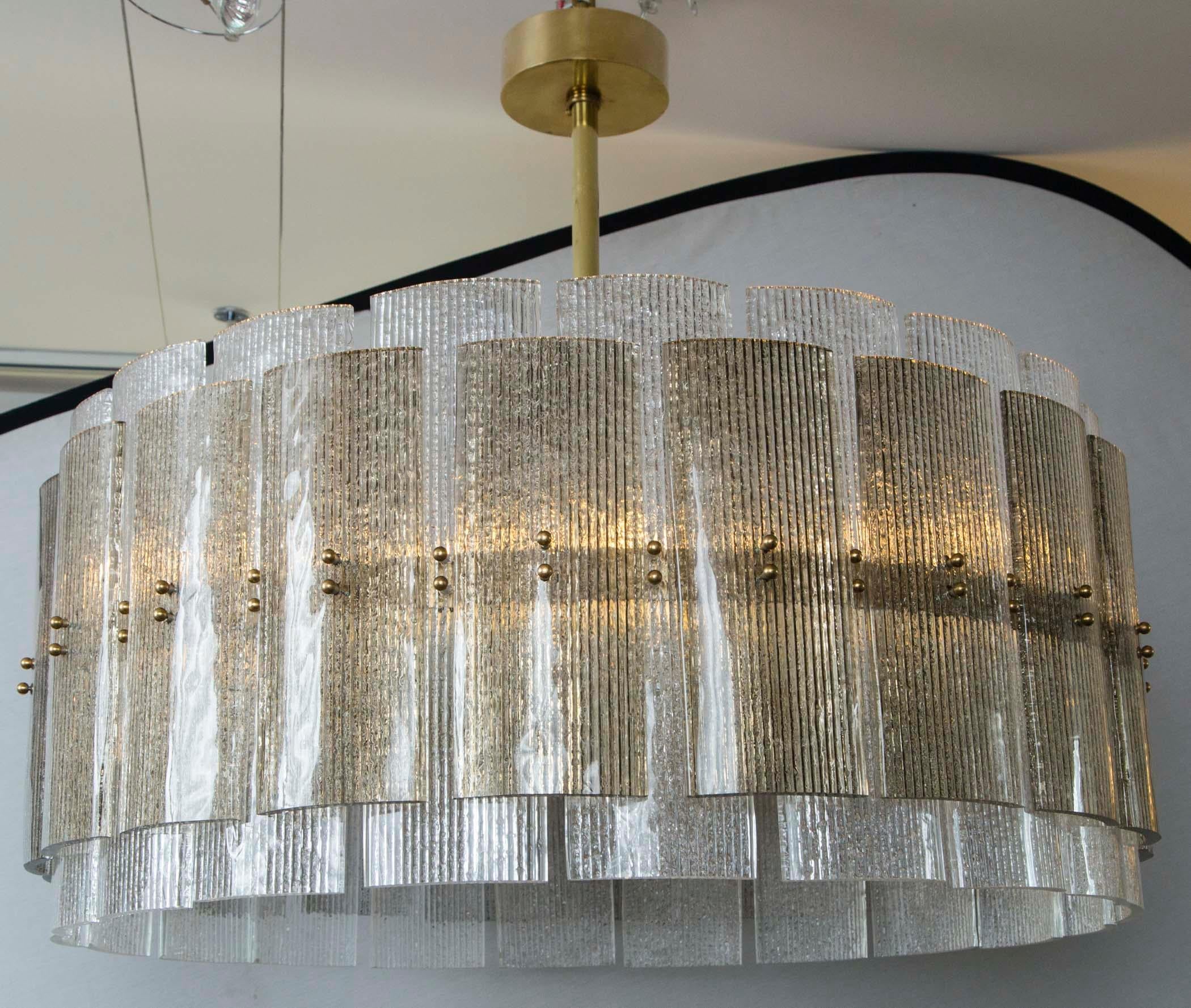 Very chic layered Murano glass drum chandelier with icy clear and smokey taupe toned glass.

Also customization available in other sizing, hardware and glass blown colors: clear, smokey taupe and grey 
(larger orders we can customize to any glass