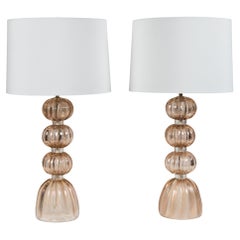 Pair of Murano Blown Blush Ball Lamps, Contemporary