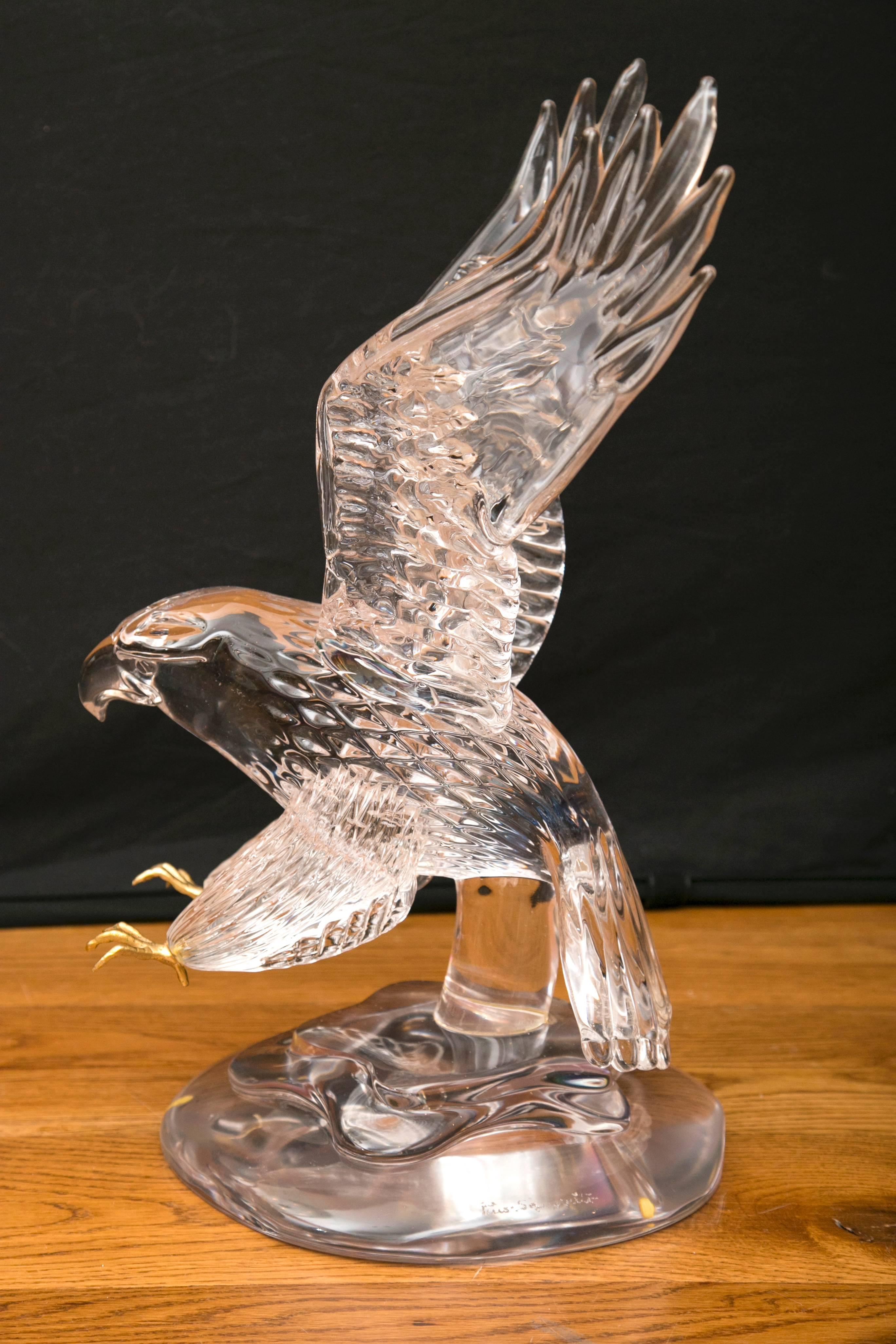 Vintage blown American eagle blown by only a master blower, Pino Signeretto, this detailed form appears as crystal and is blown in one solid form attached to a glass base, 50lbs atleast, signed.