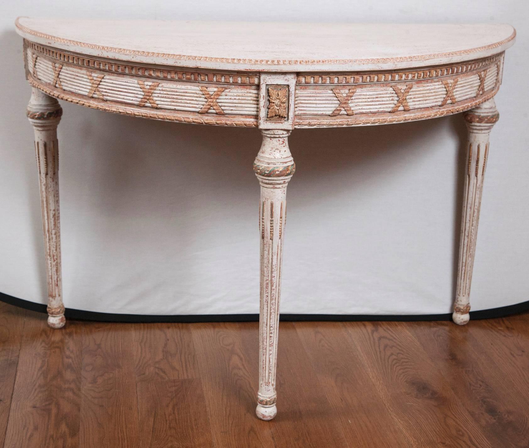 Neoclassical Large Pair of Louis XVI Style Painted Demilune Console Tables