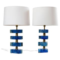 Pair Of Massive Artisan Murano Triangular Blue Swirl Lamps, Contemporary