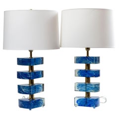 Pair Of Massive Artisan Murano Triangular Blue Swirl Lamps, Contemporary