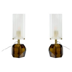 Pair Of Murano Gem Bronze Table Lamps With Frosted Glass Shades