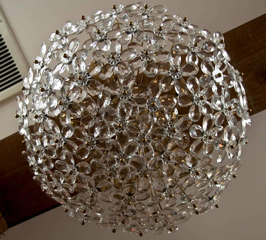 Lovely artisan made crystal faceted floral dome shape crystal ceiling light, illuminated with five candelabra sockets to desired drop or near flush mount, made in Italy
 a few in stock.