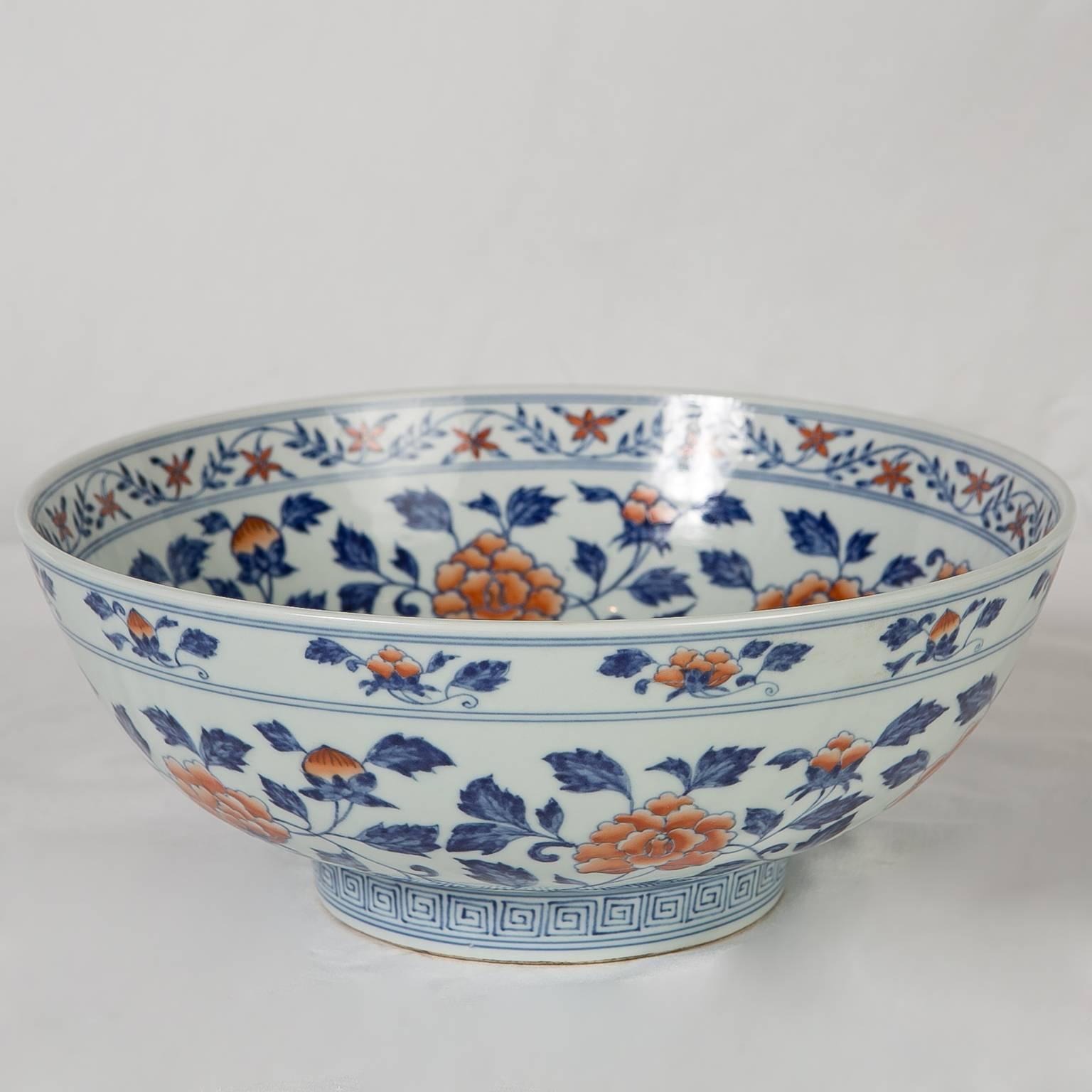 Hand-Painted Chinese Bowl with Peony Scroll Decoration