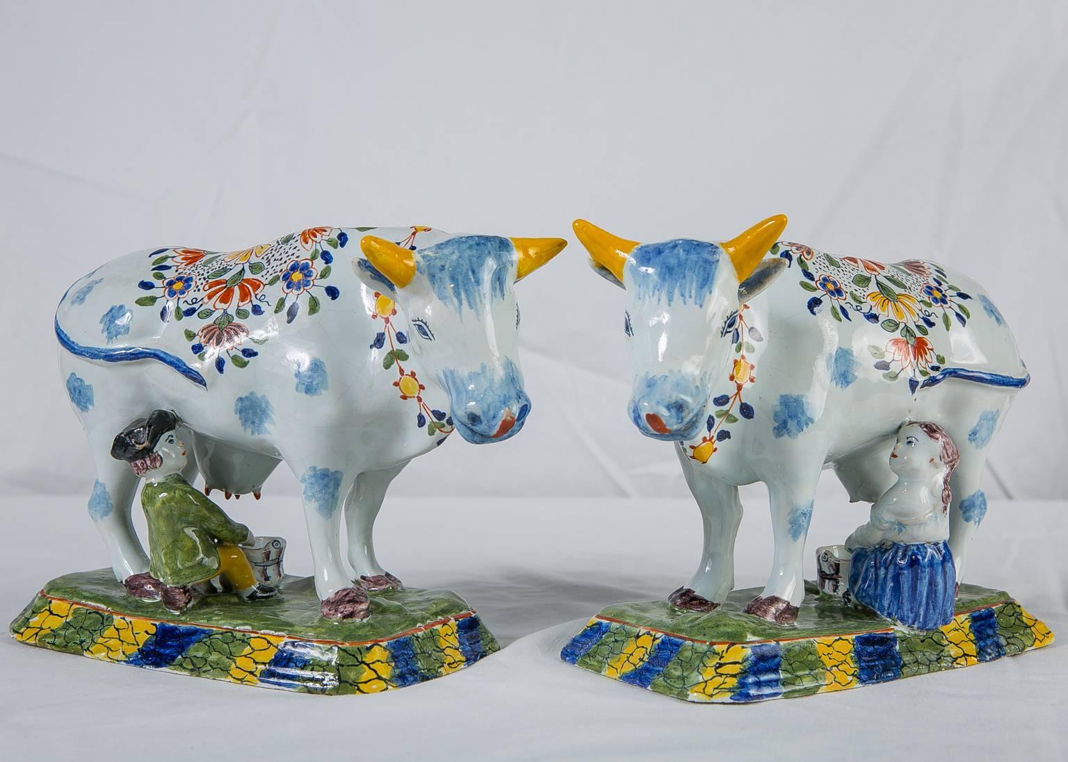 Pair of Dutch Delft Cows Painted in Bright Polychrome Colors 3