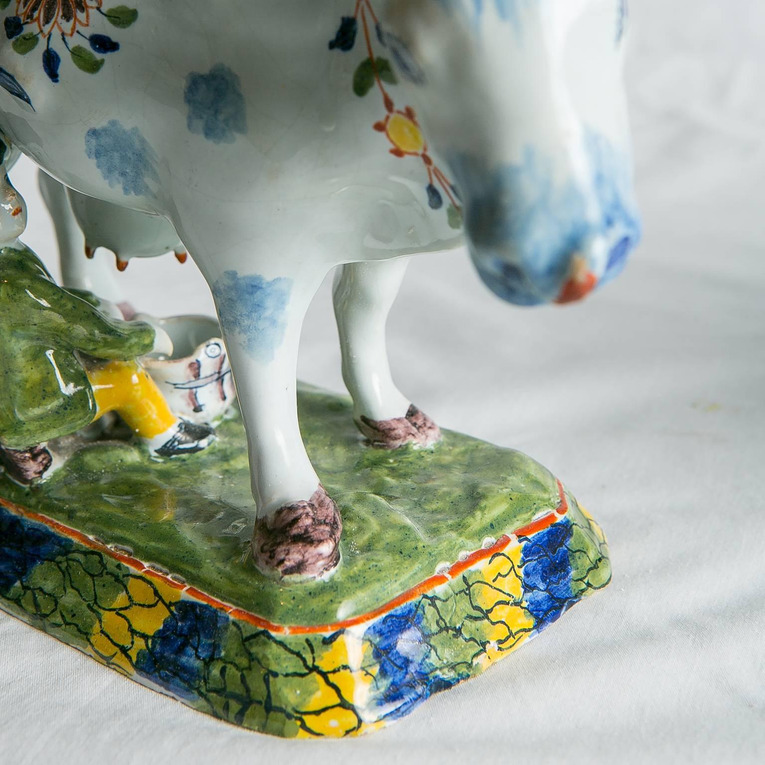 Pair of Dutch Delft Cows Painted in Bright Polychrome Colors 1