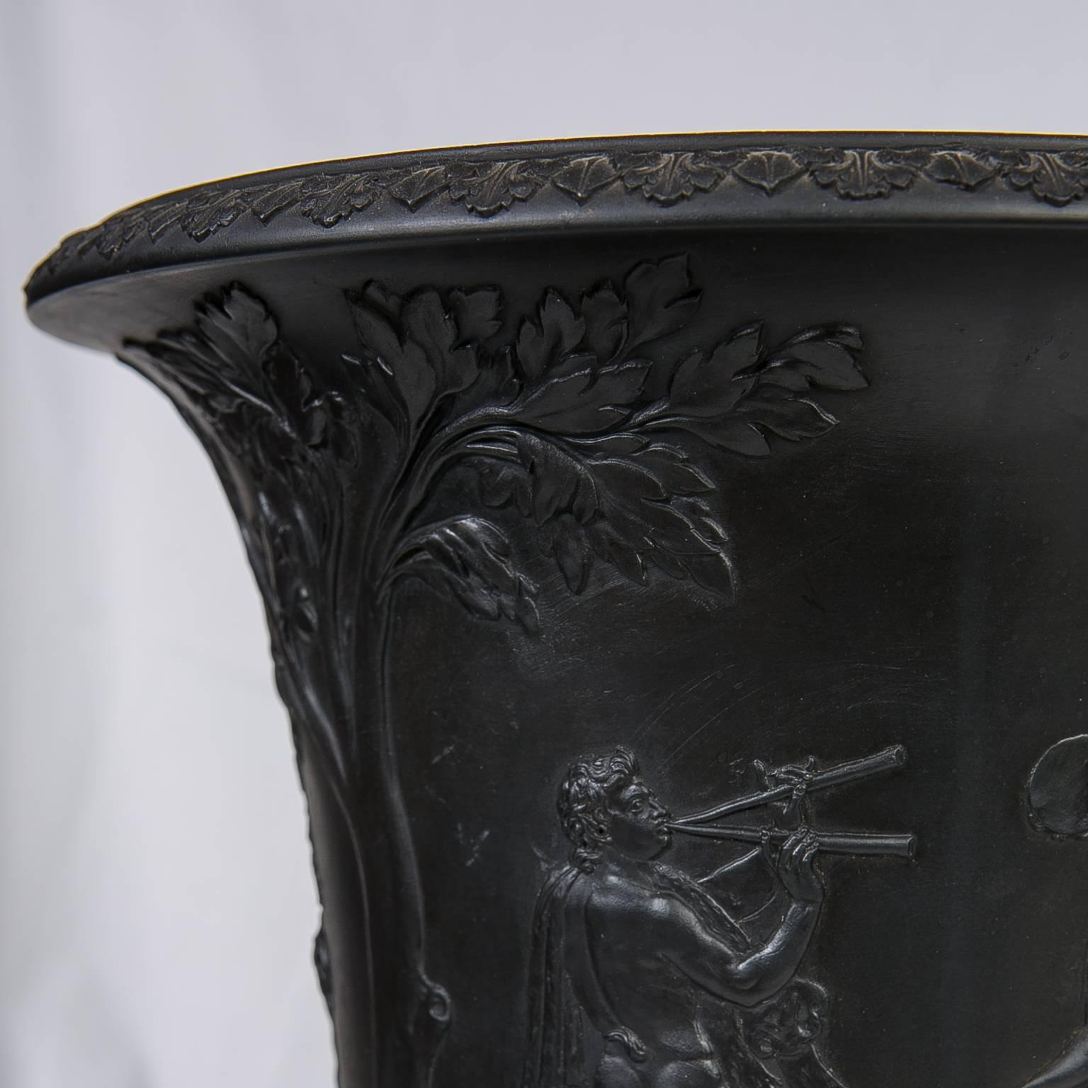 English Pair Wedgwood Black Basalt Urns Neoclassical Decoration Made England circa 1840